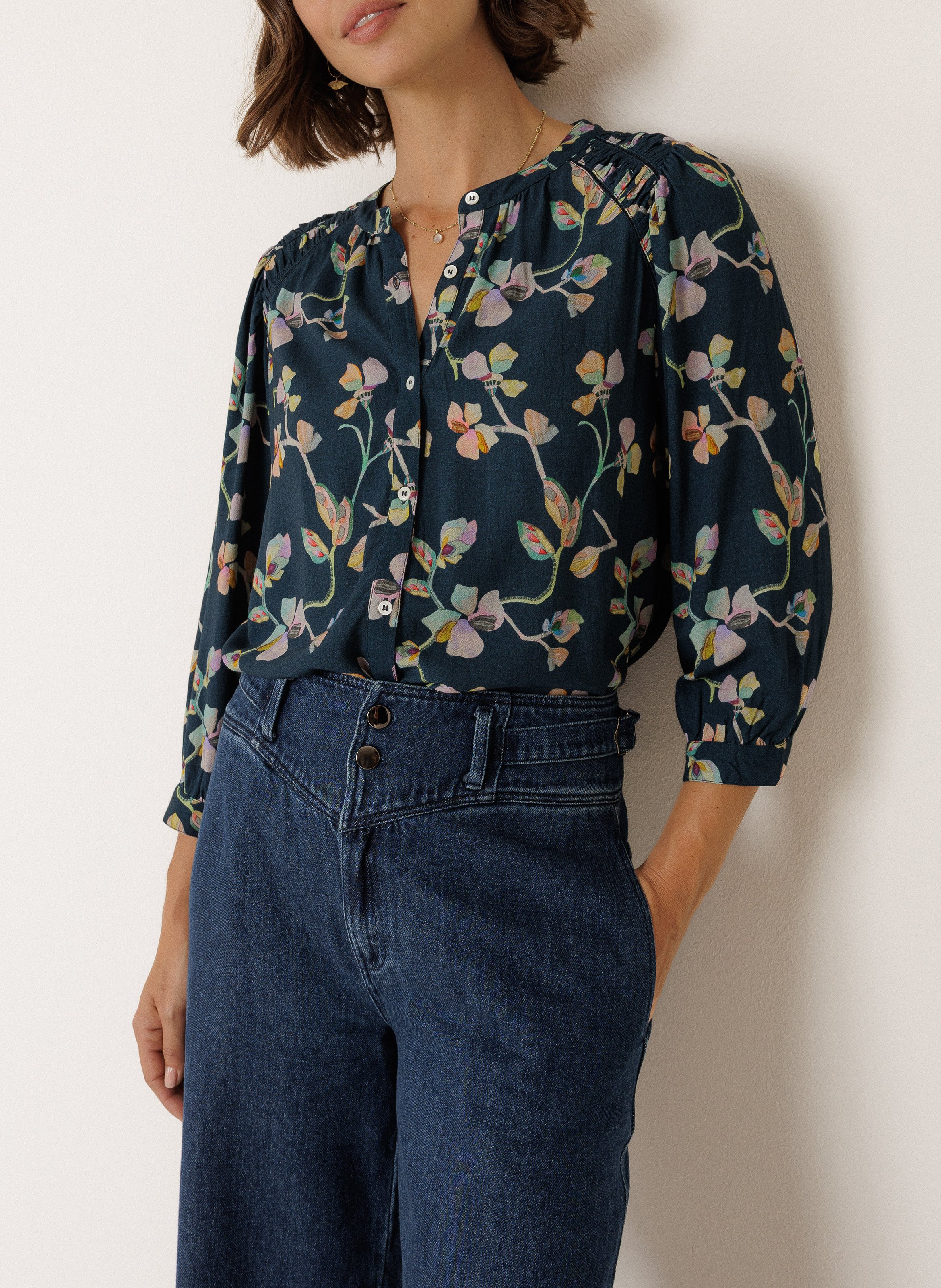 Chemisier droit col rond imprimé INDI & COLD Bleu