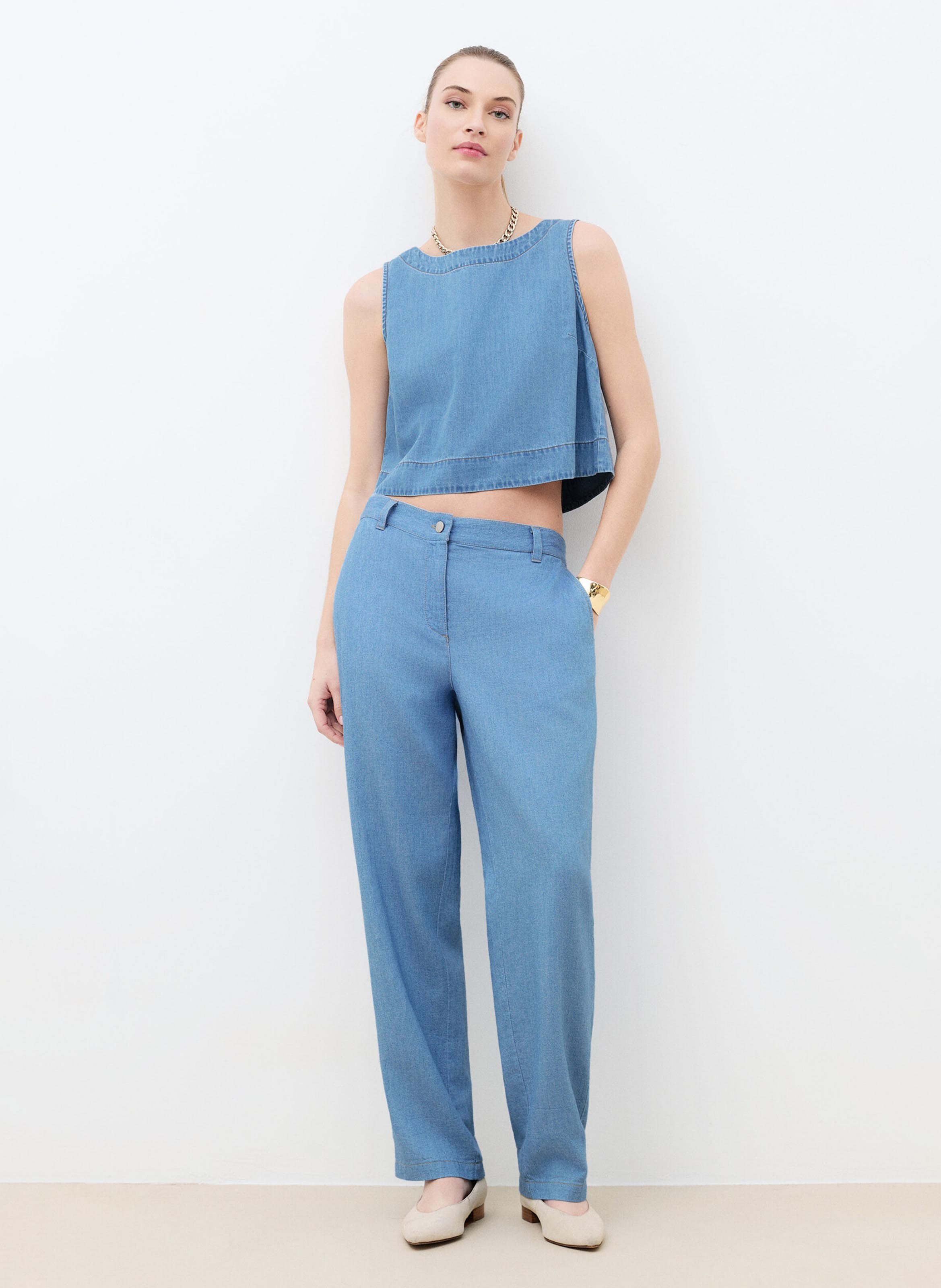 Top droit col rond en coton mélangé CAROLL Bleu