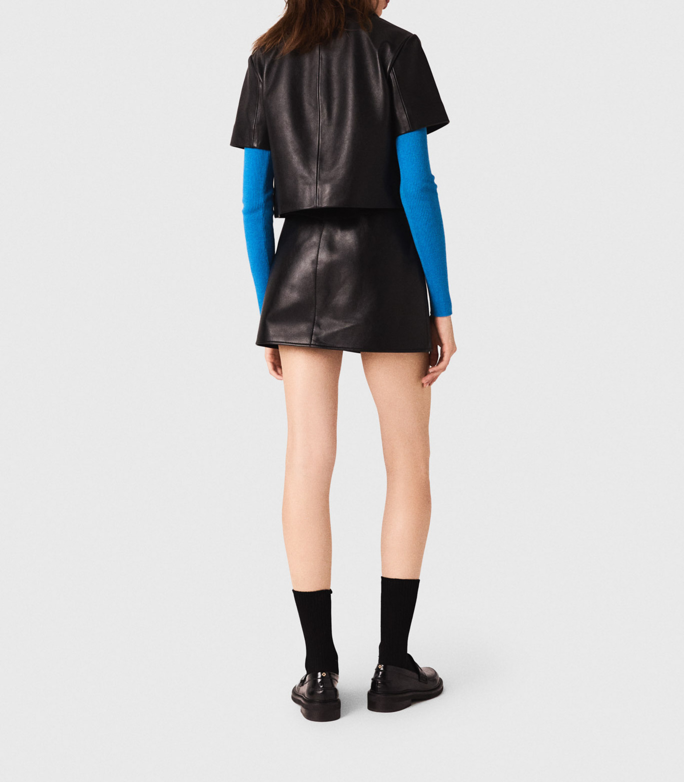 Veste droite en cuir MAJE Noir