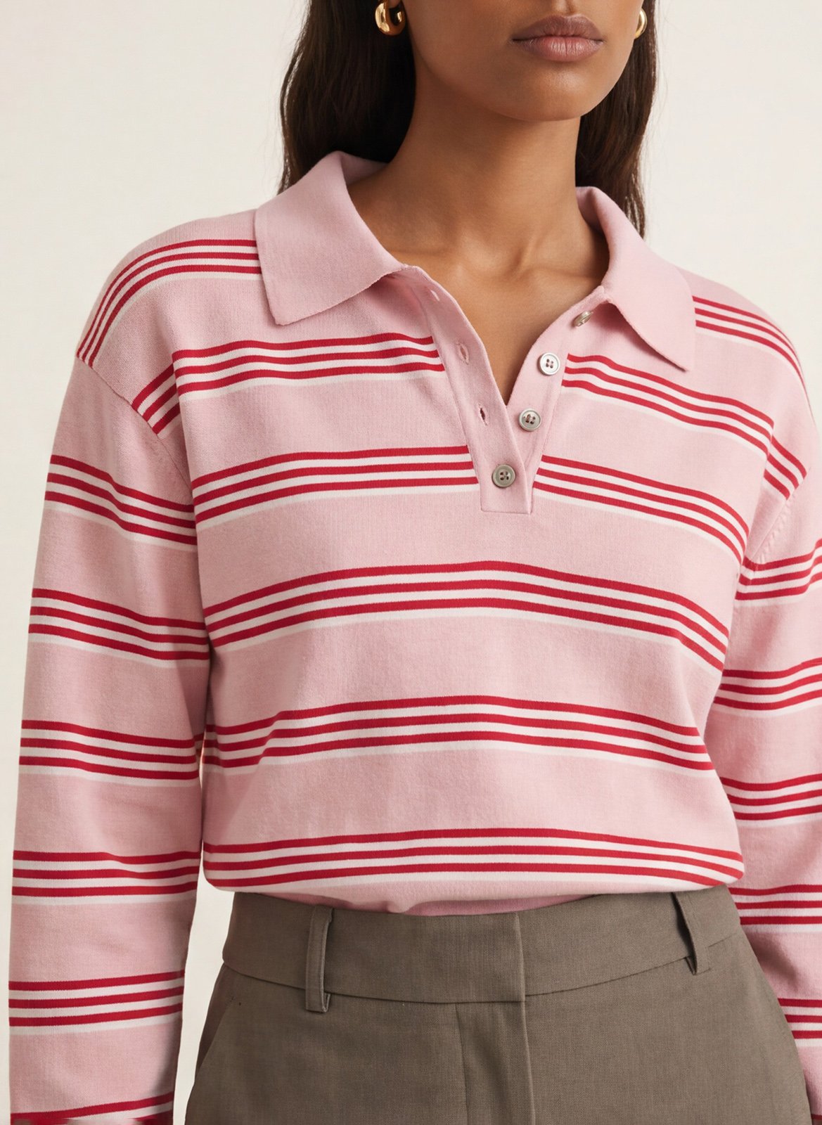 Straight-cut striped polo-collar sweater KOOKAI Pink