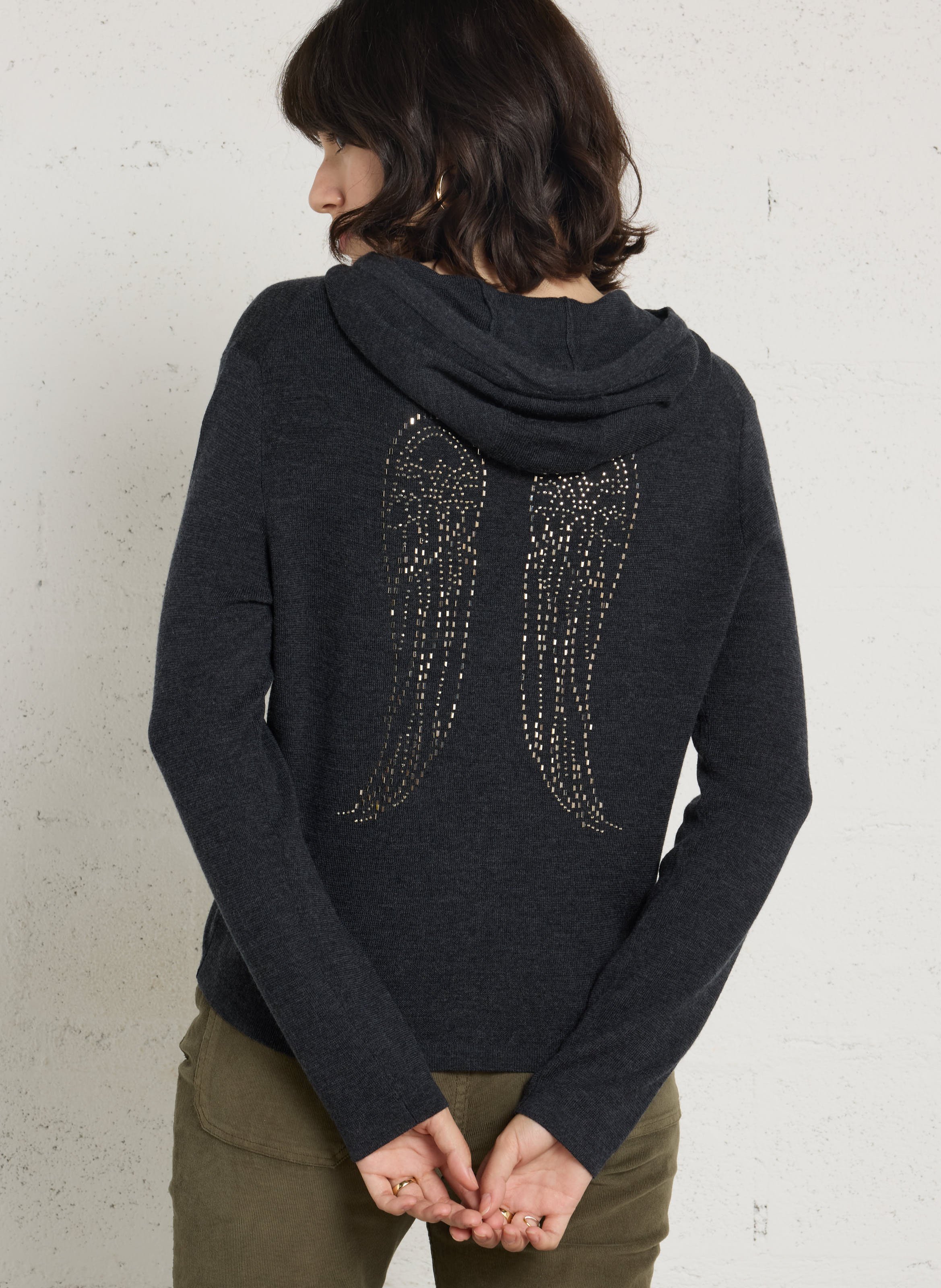 Pull fin boutonné à capuche en laine BERENICE Gris