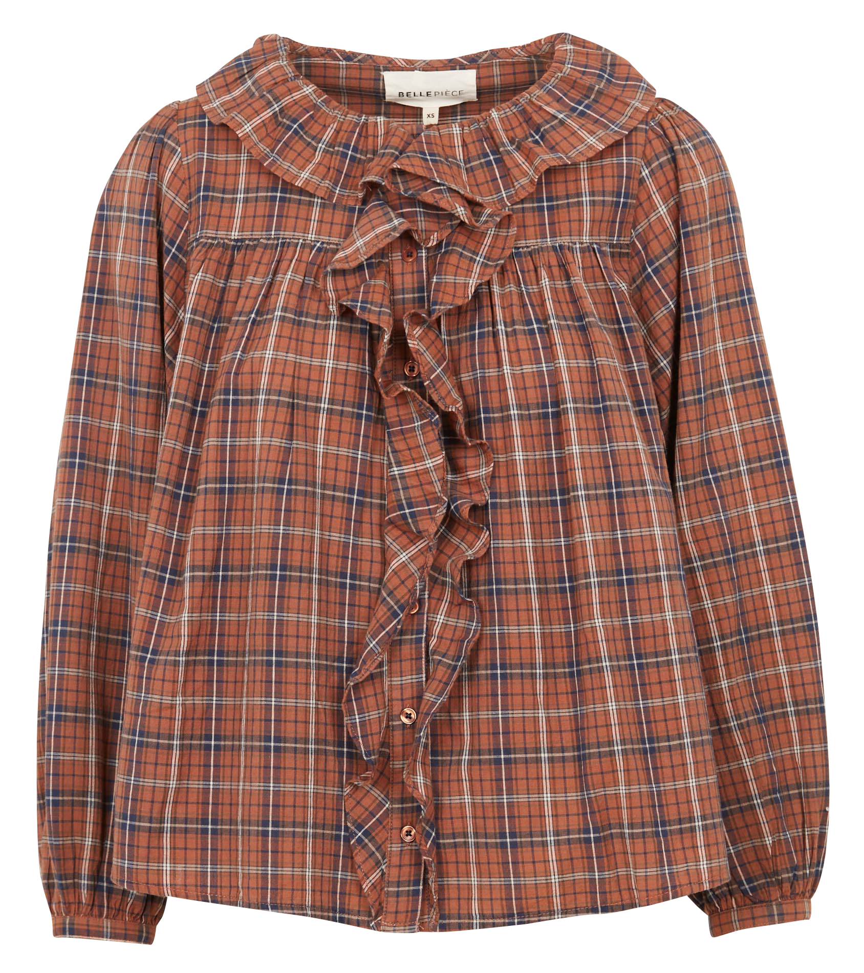 Round-neck checked cotton blouse with ruffles BELLEPIECE Brown
