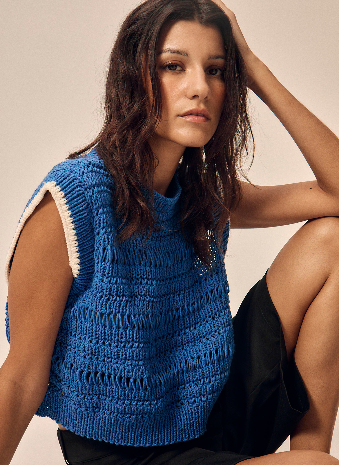 Korte mouwloze gebreide trui NITAH Blauw