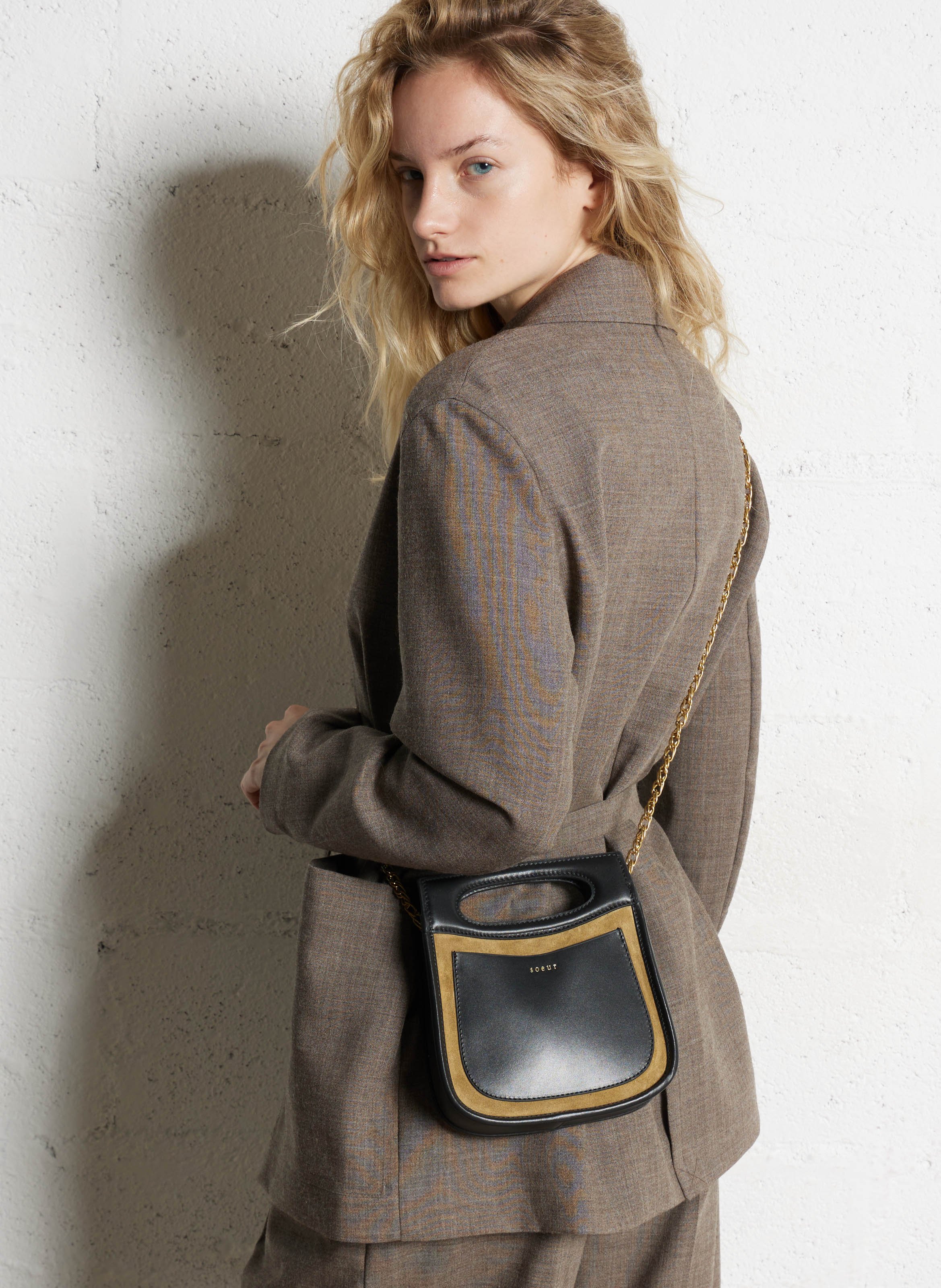 Dual material handbag SOEUR Brown