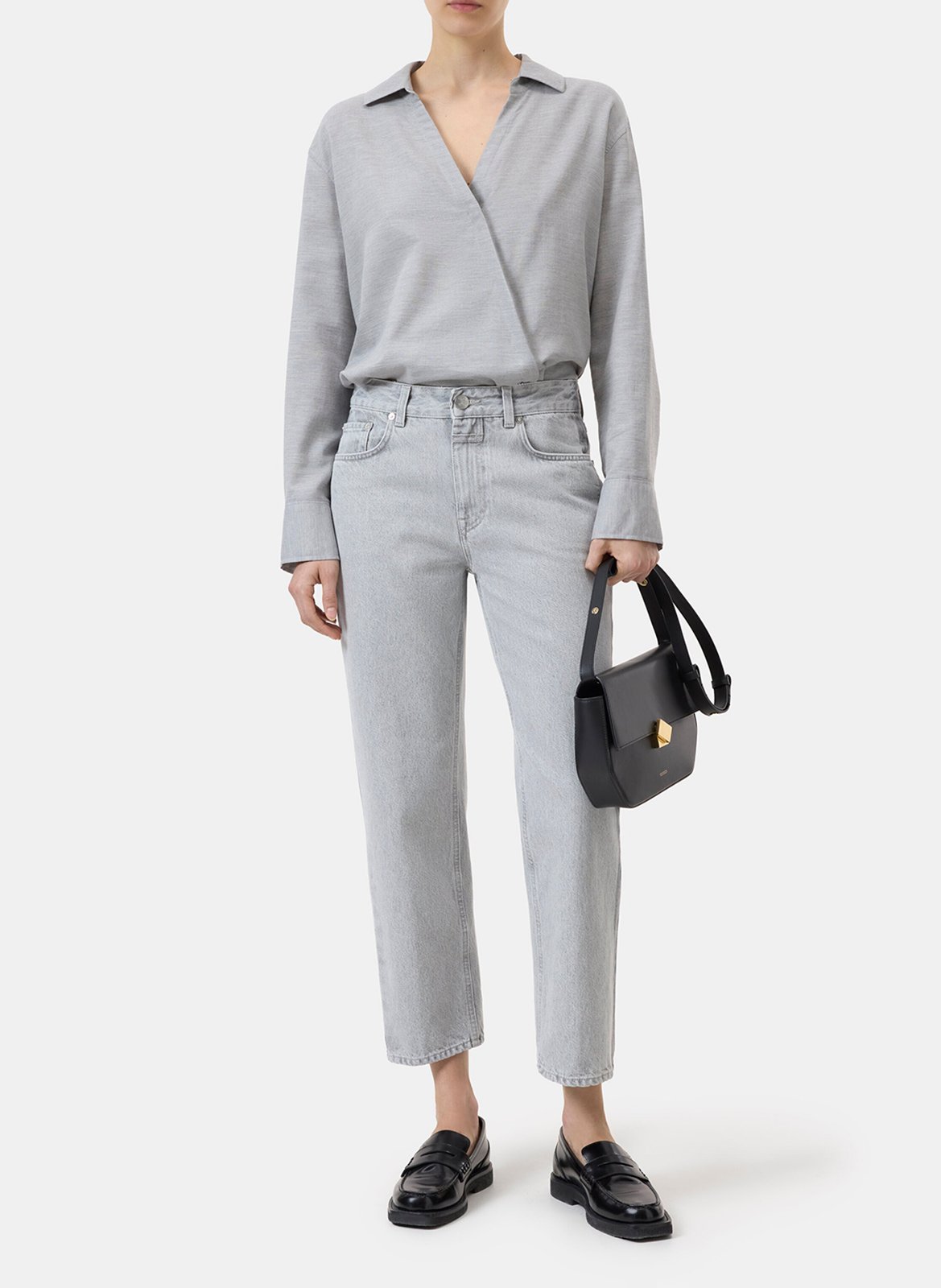 Solid straight blouse with asymmetric buttons CLOSED Grey