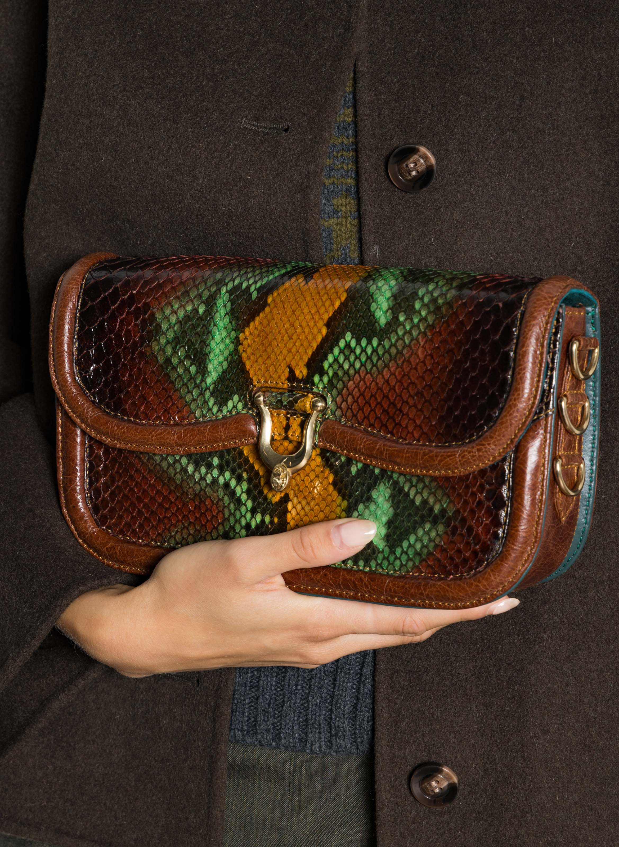 Sac bandoulière en cuir python mélangé CLARIS VIROT Marron