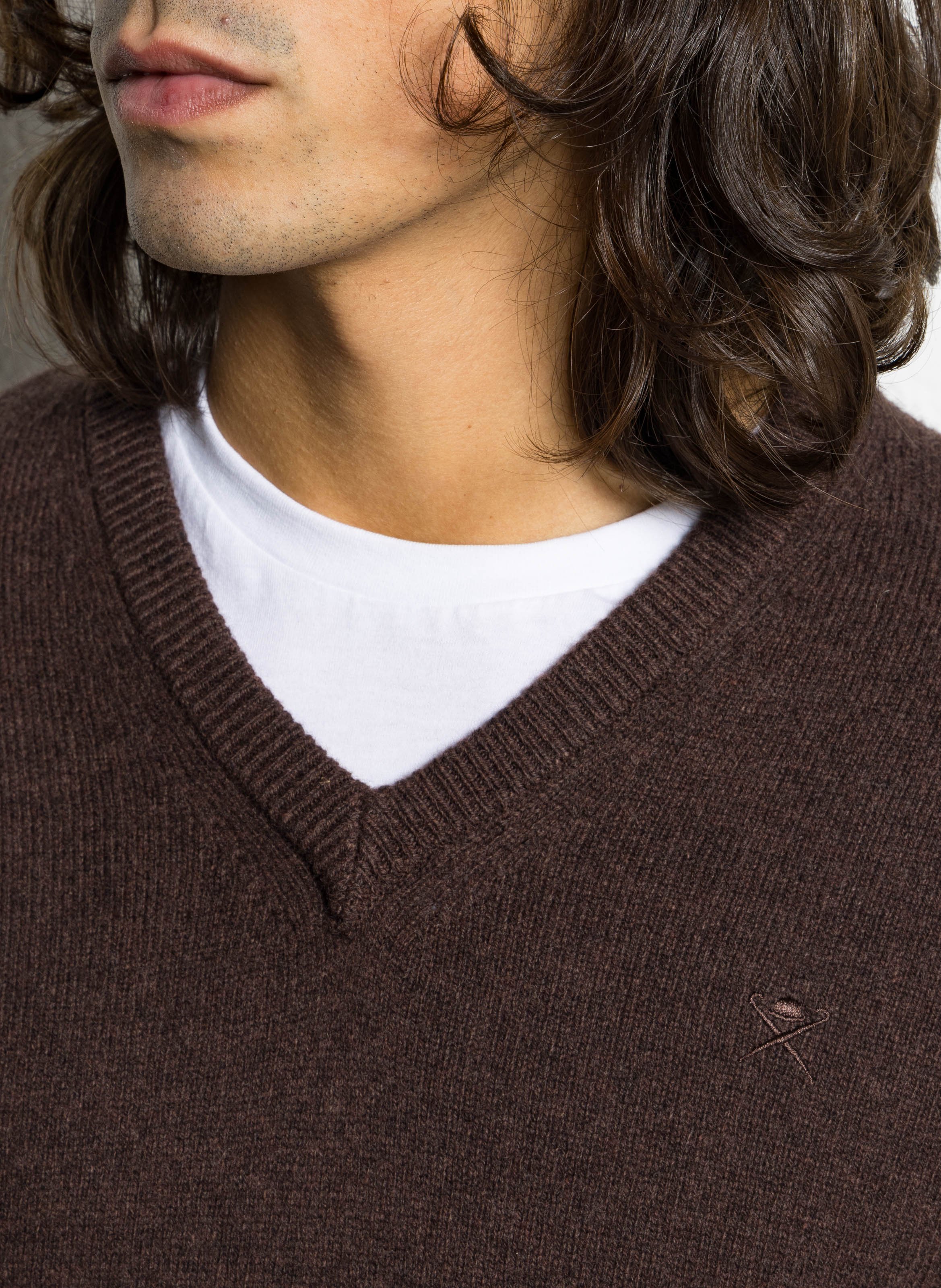 Pull col V uni en laine HACKETT Marron