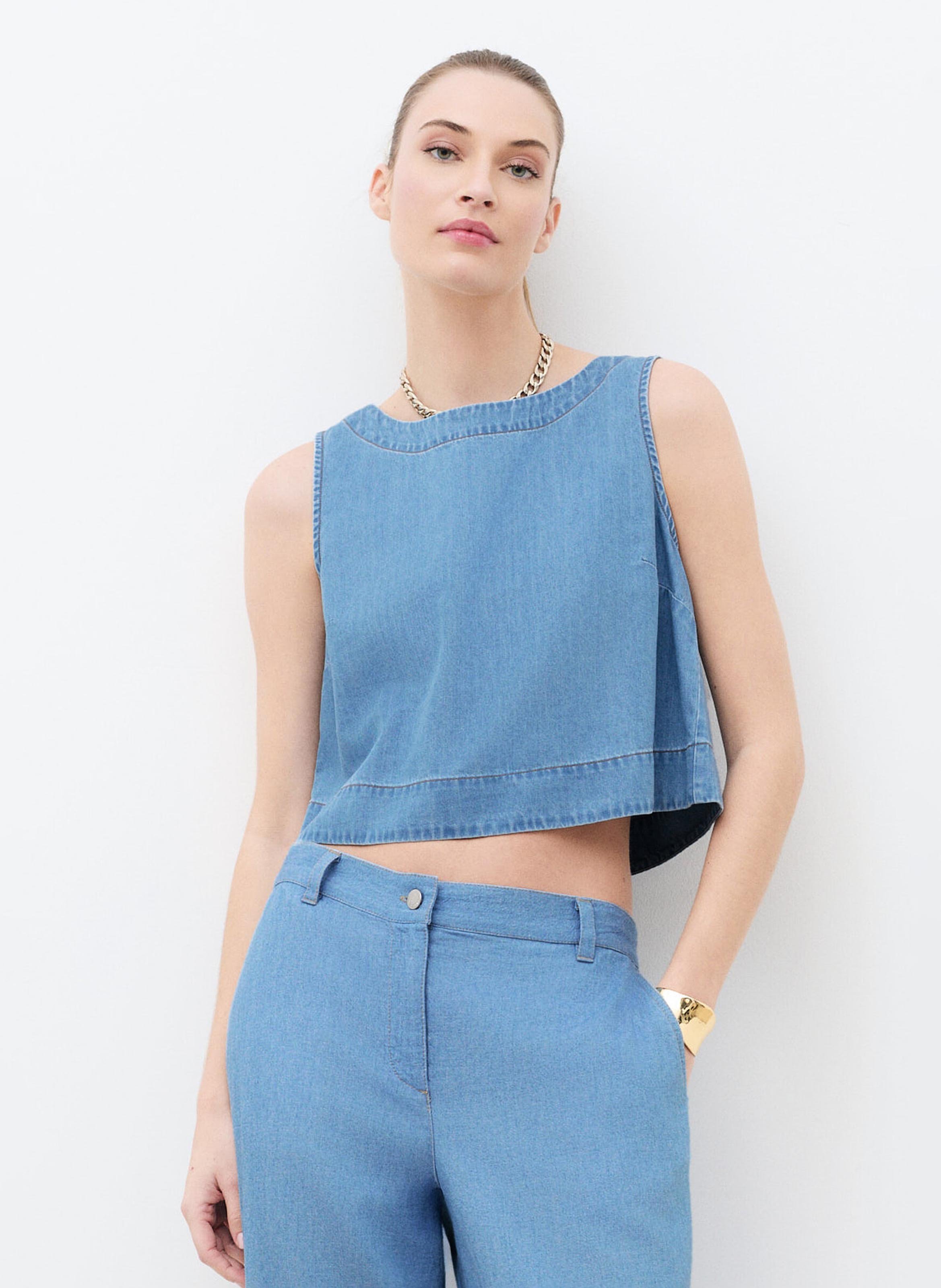 Top droit col rond en coton mélangé CAROLL Bleu