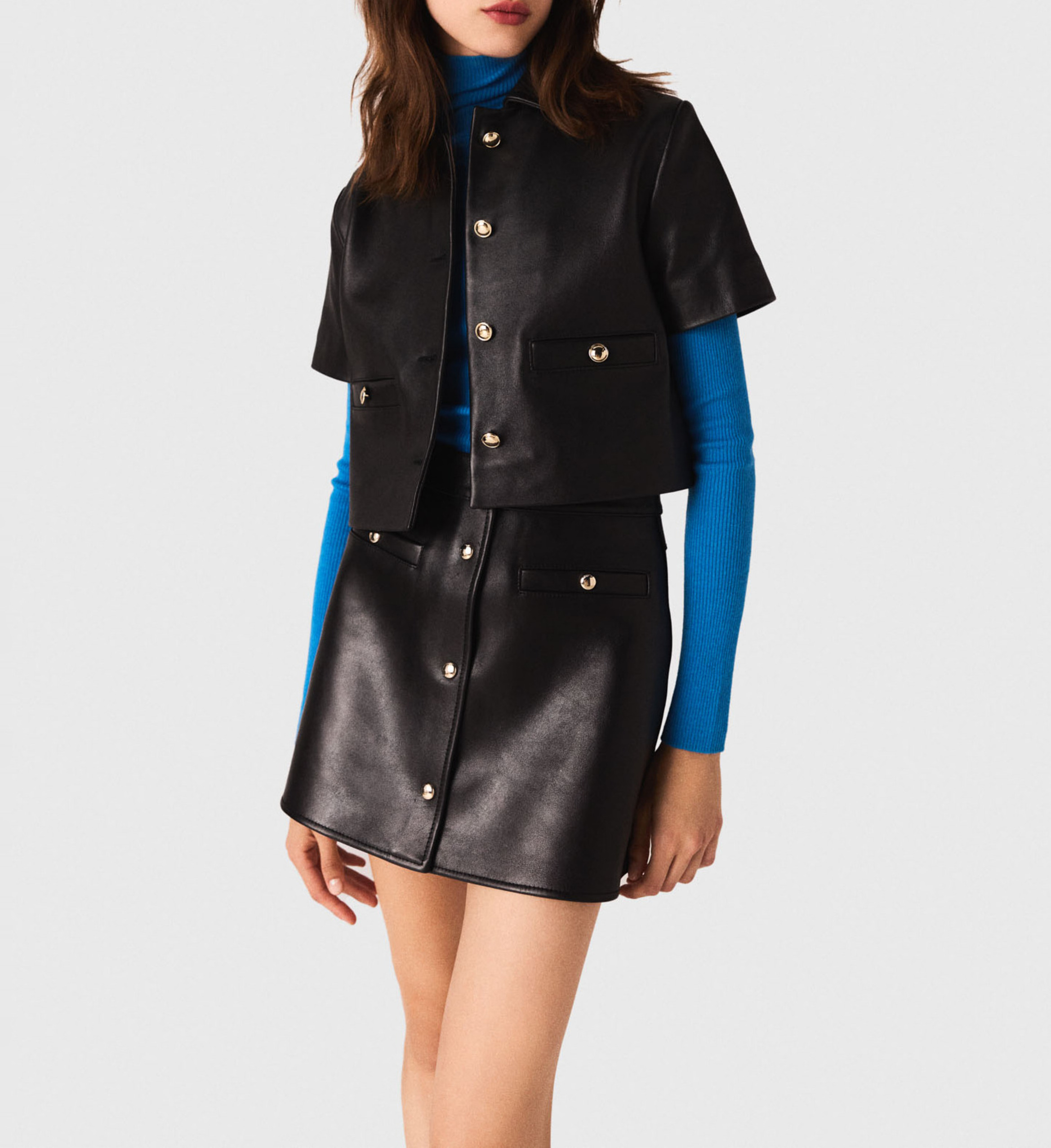 Veste droite en cuir MAJE Noir