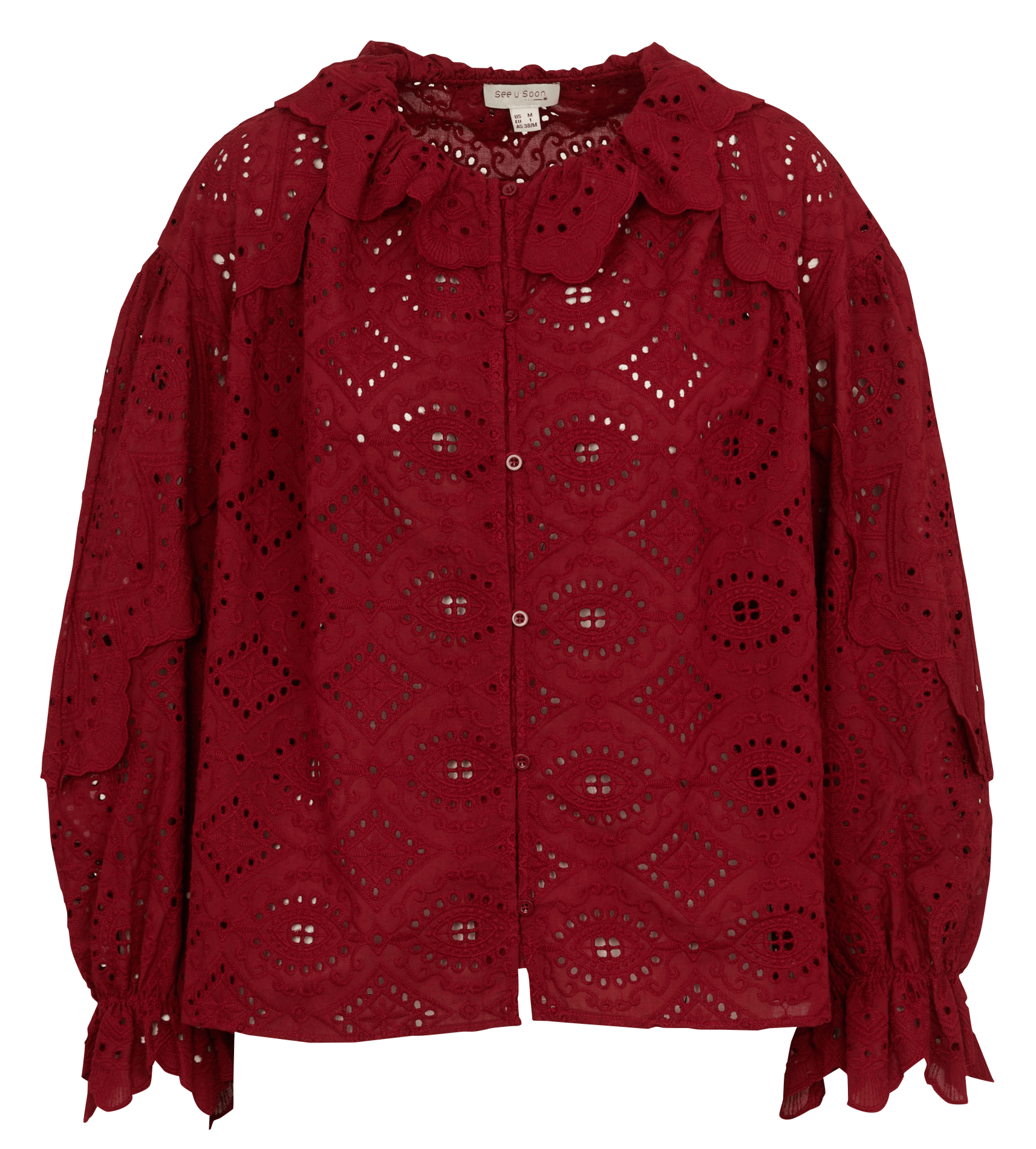 Ruimvallende, katoenen top met borduursel SEE U SOON Rood