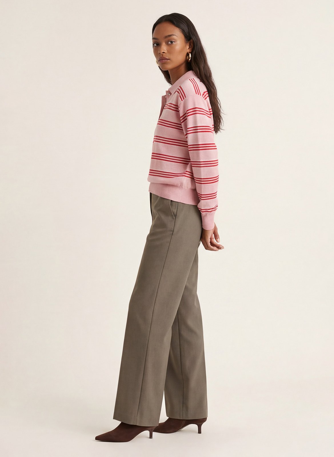 Straight-cut striped polo-collar sweater KOOKAI Pink