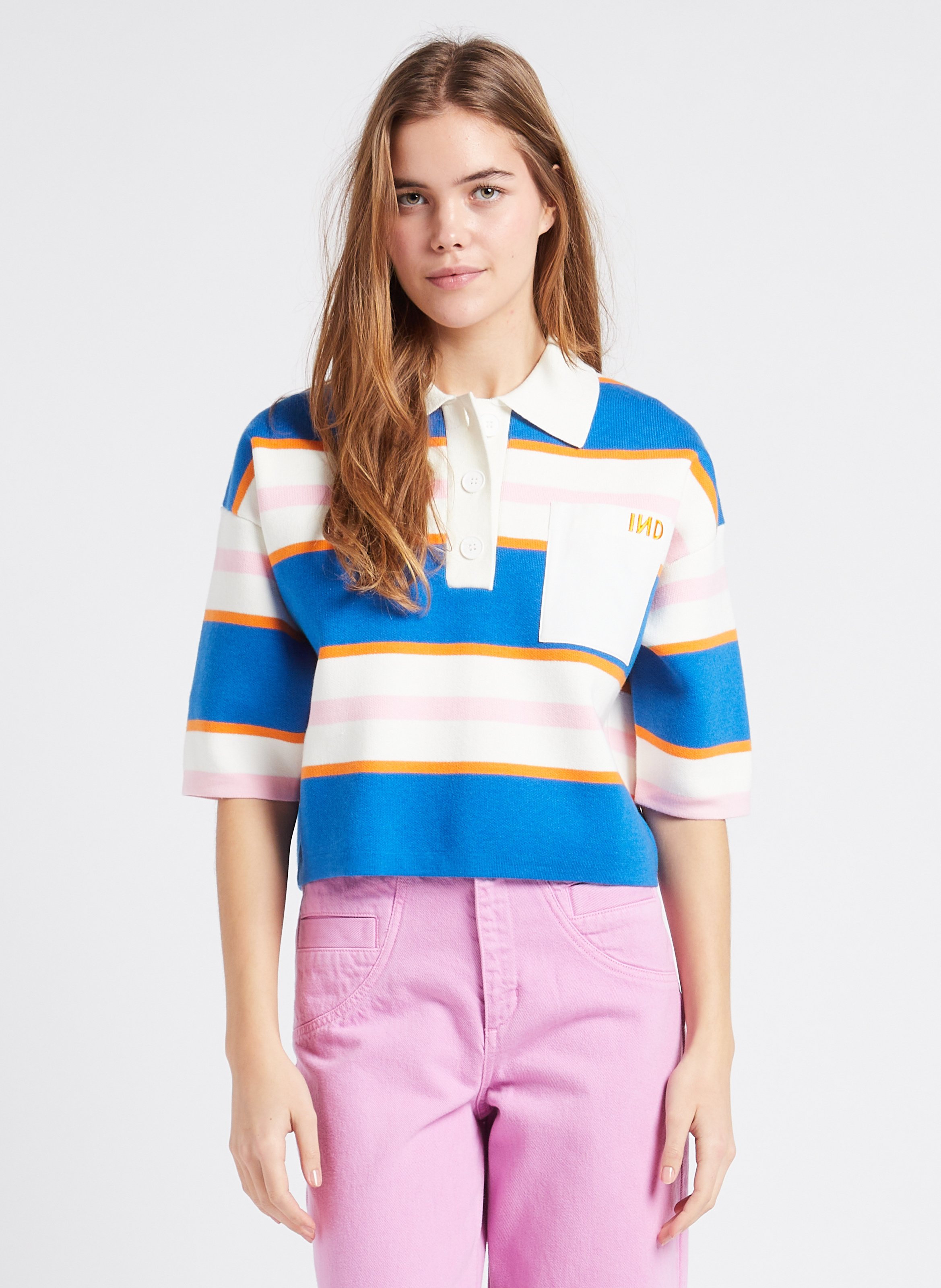 Pull droit col classique à rayures en maille INDEE Bleu