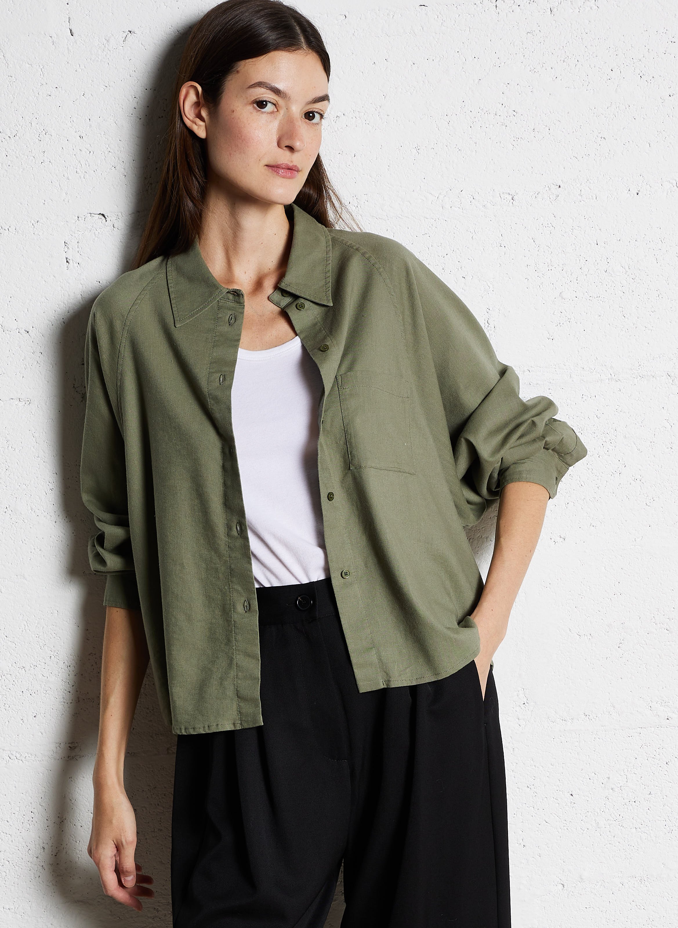 Chemise ample col classique en lin mélangé MASSCOB Kaki