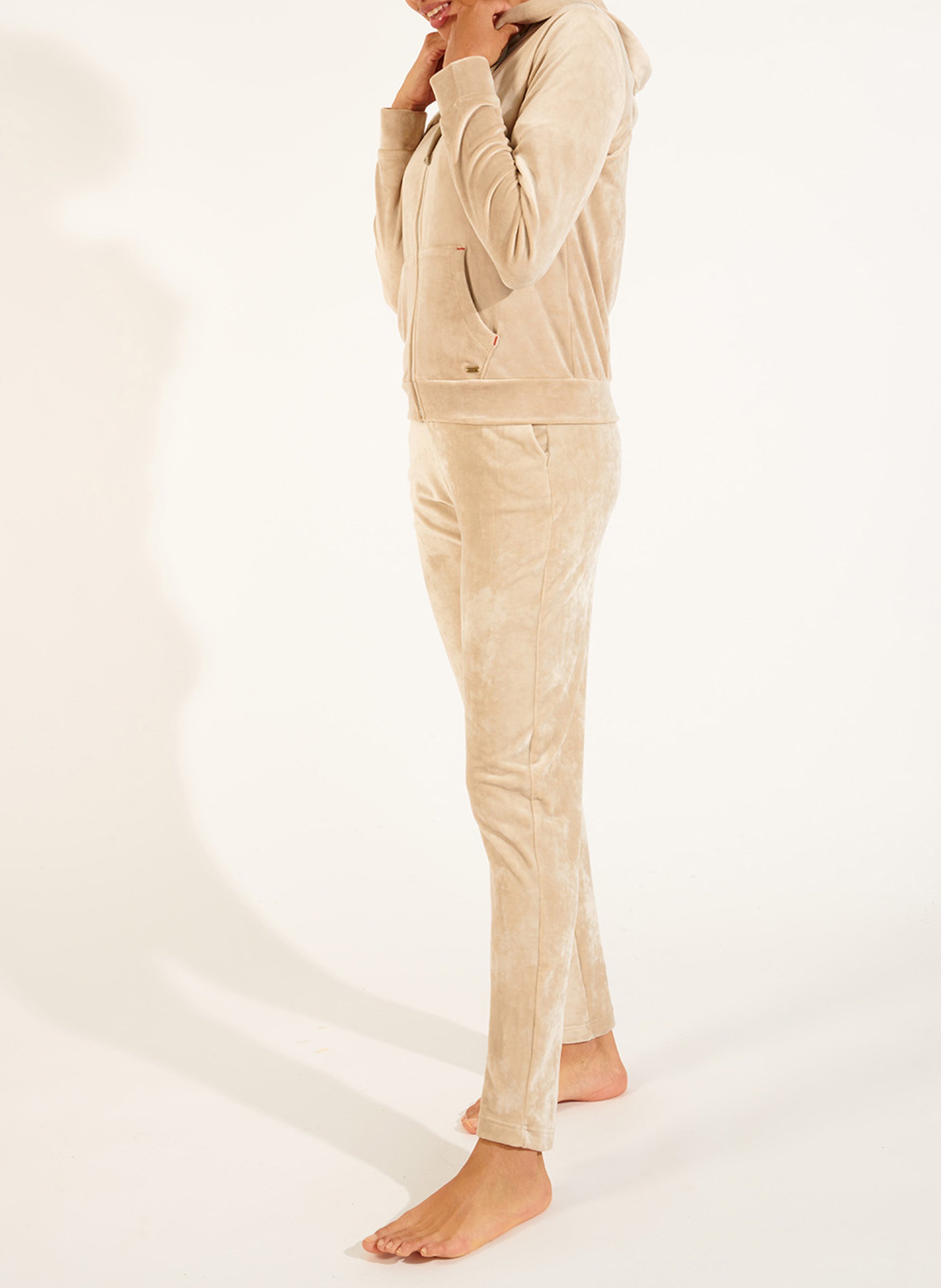 Straight velvet cardigan with hood Beige