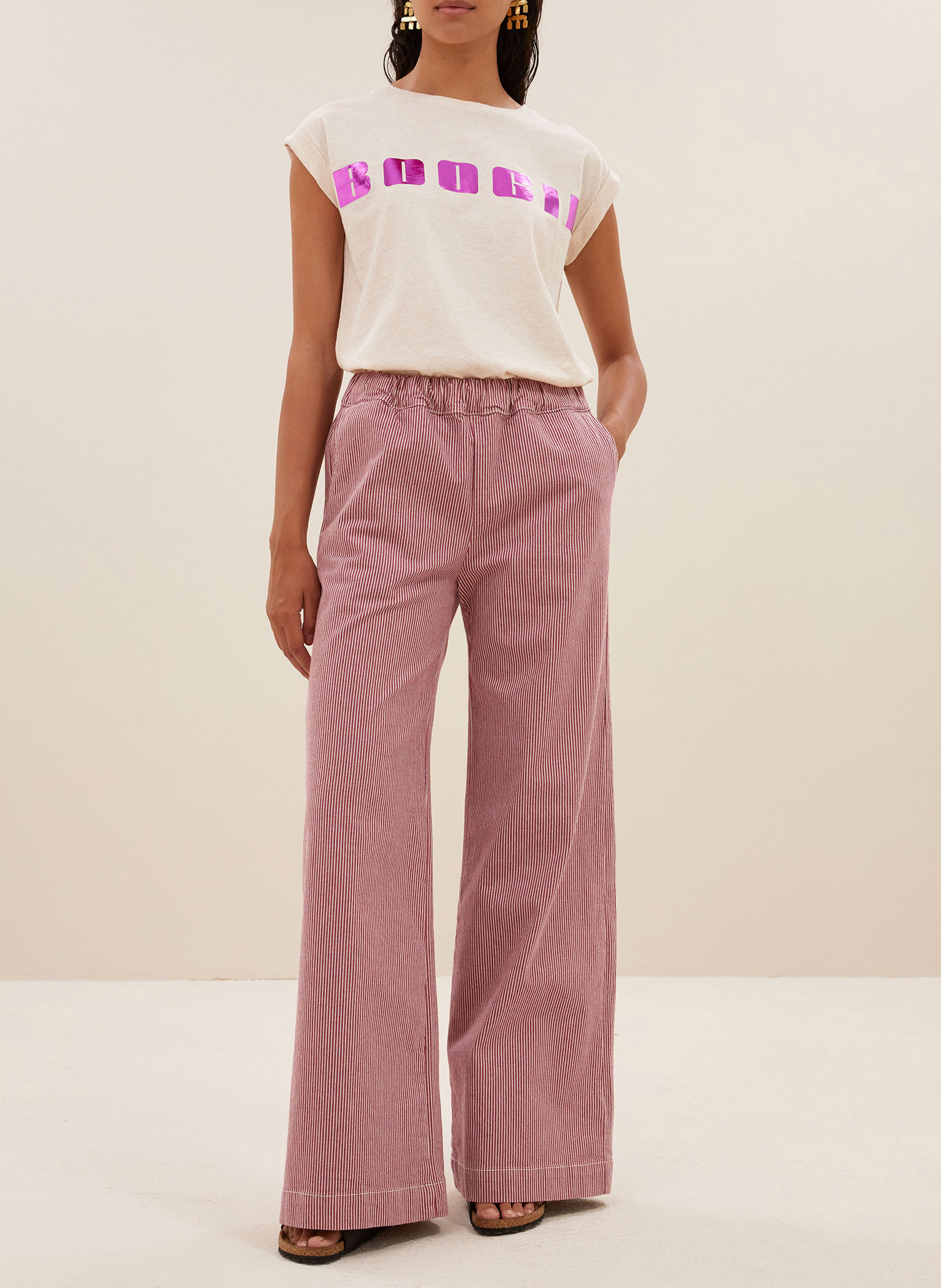 Pantalon large en coton bio rayé BY BAR Rouge