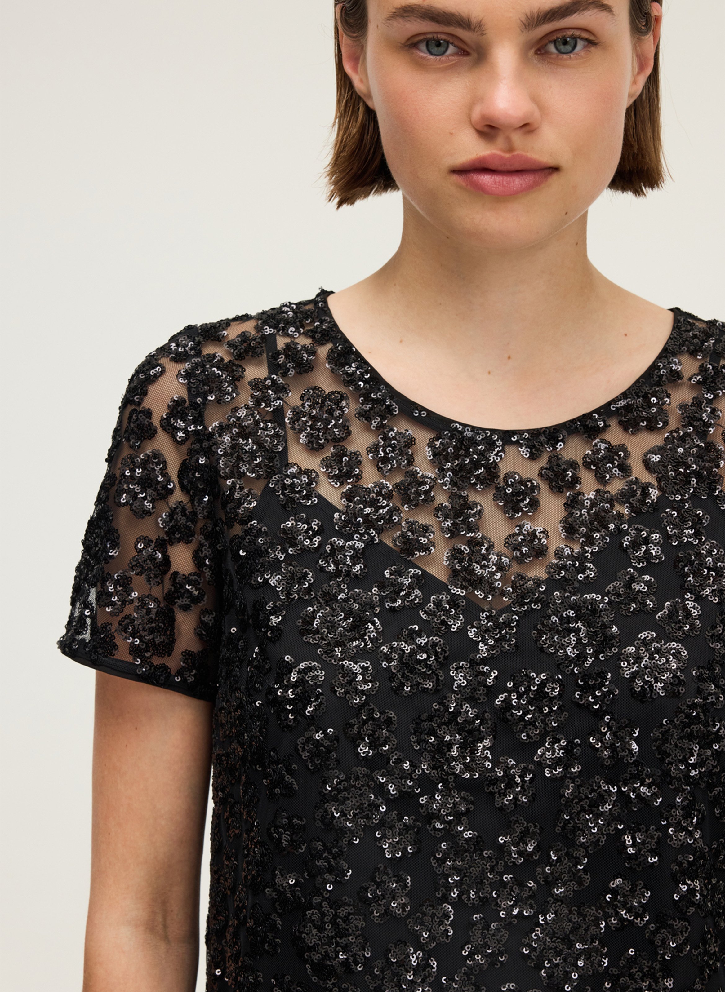 Top droit col rond sequins PABLO Noir