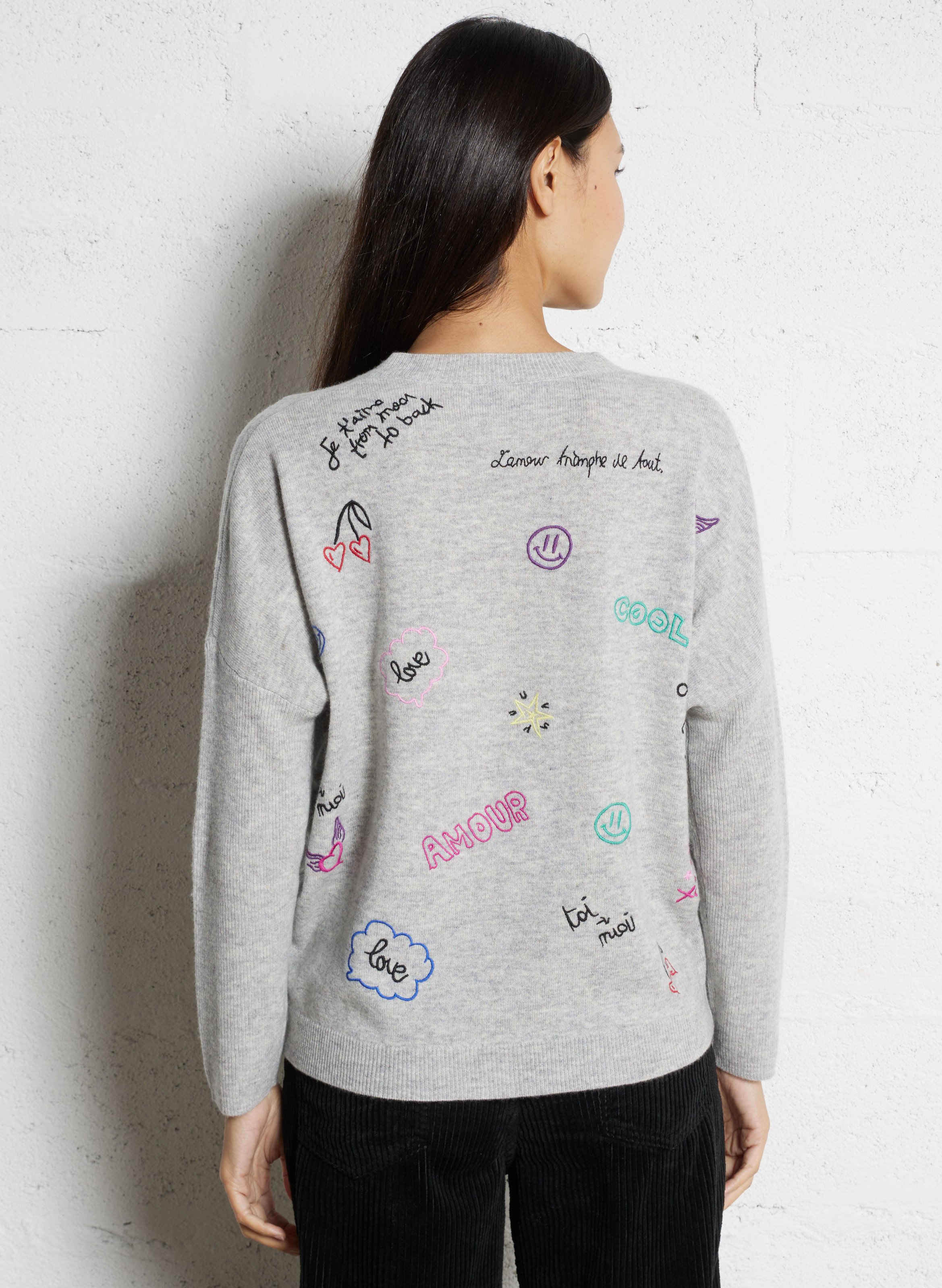 Weites V-Ausschnitt-Pullover mit Merinowolle und Stickerei BERENICE Grau