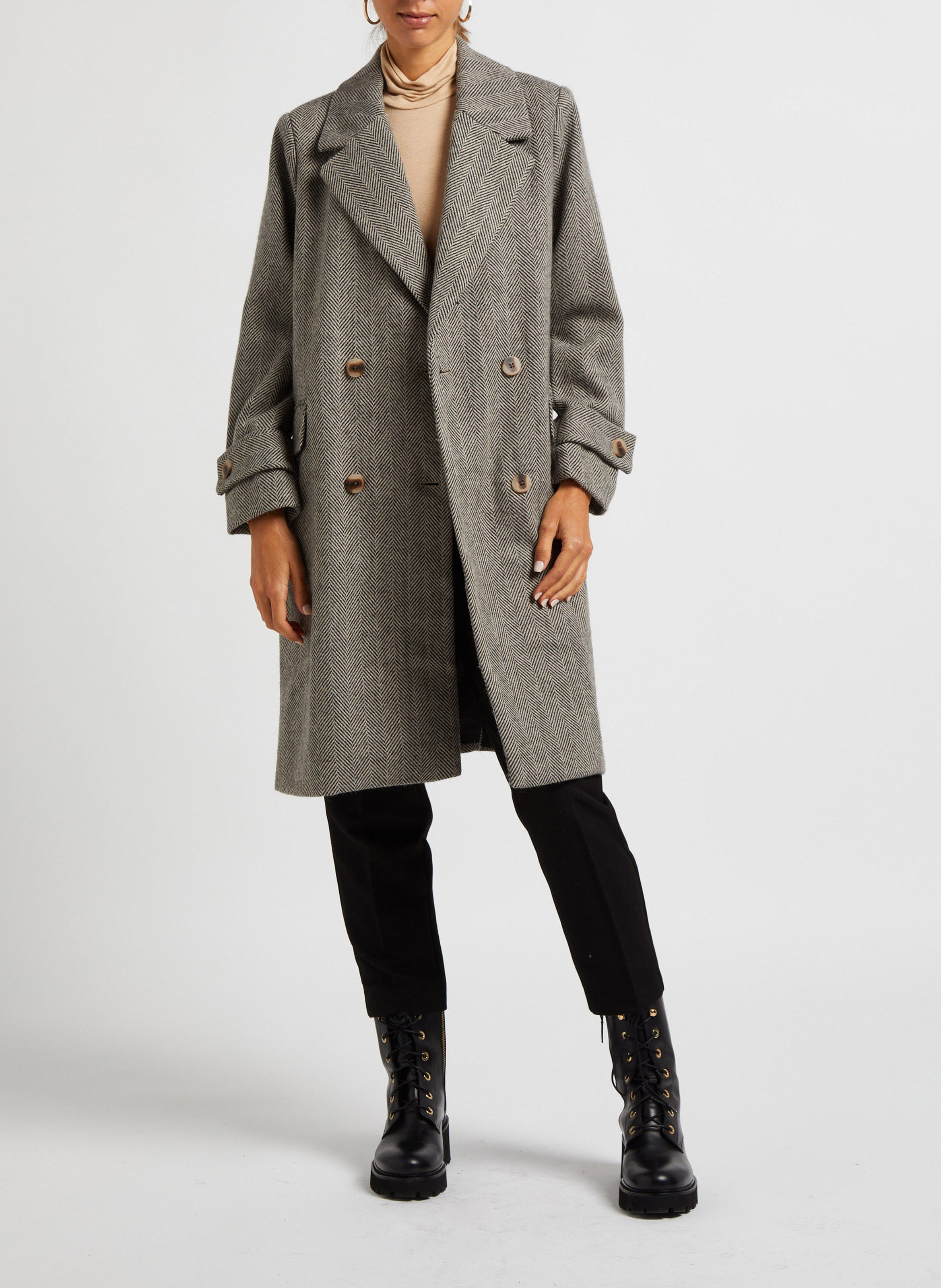 Manteau long col tailleur à imprimé chevron VILA Beige