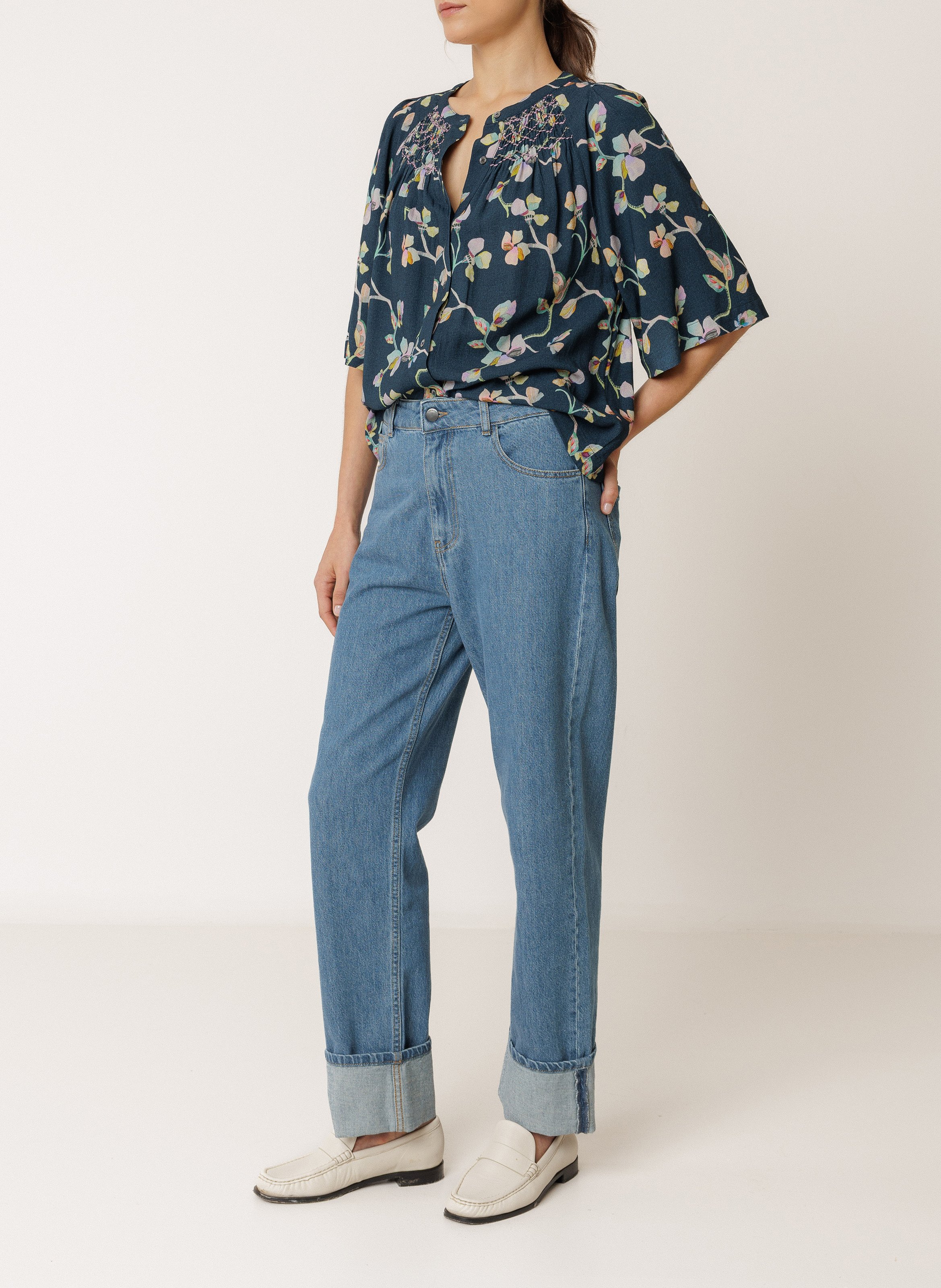 Wijdvallende blouse met knoopsluiting en print INDI & COLD Blauw