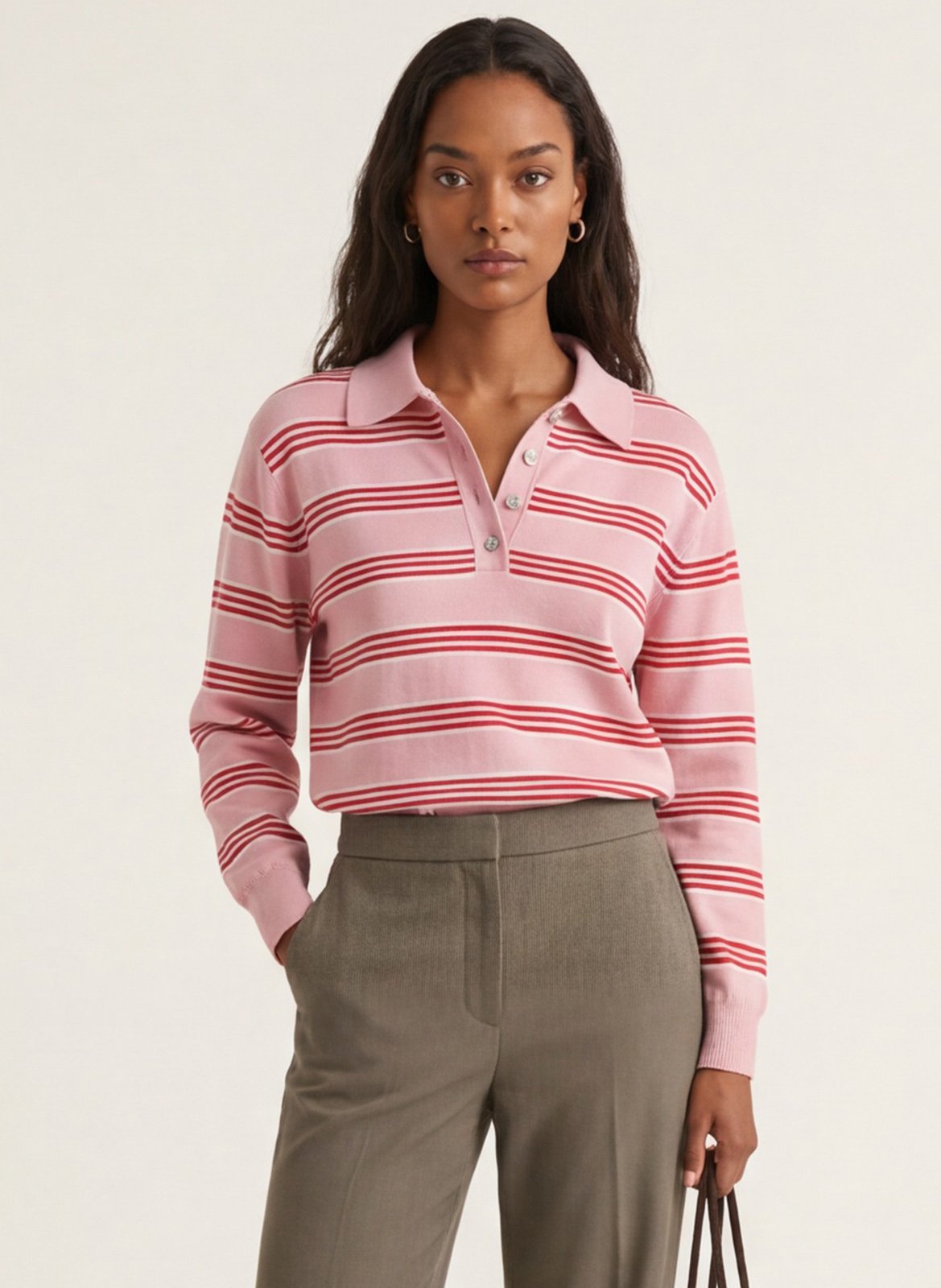 Straight-cut striped polo-collar sweater KOOKAI Pink