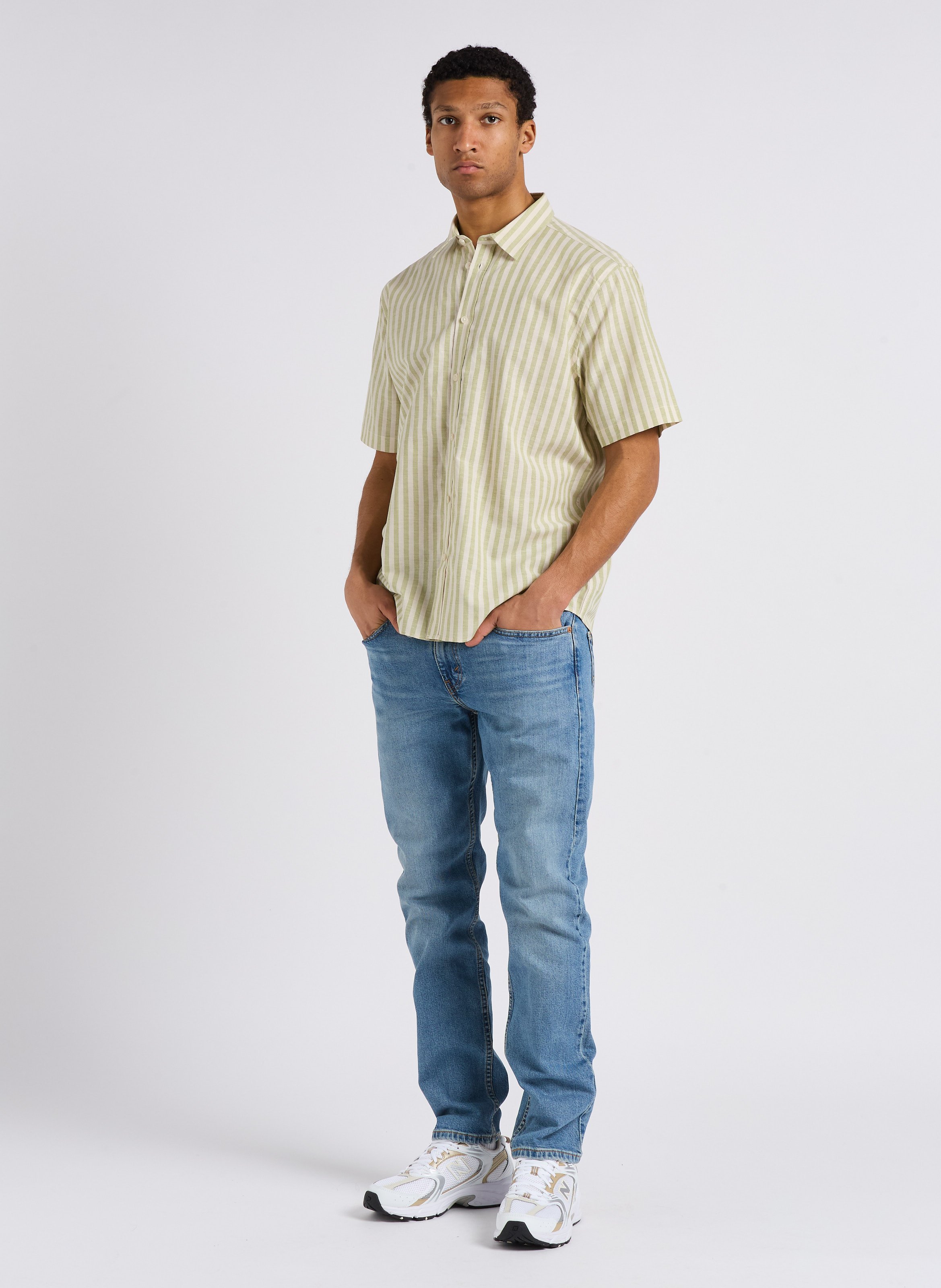 Regular-fit striped organic cotton and linen shirt MINIMUM Khaki