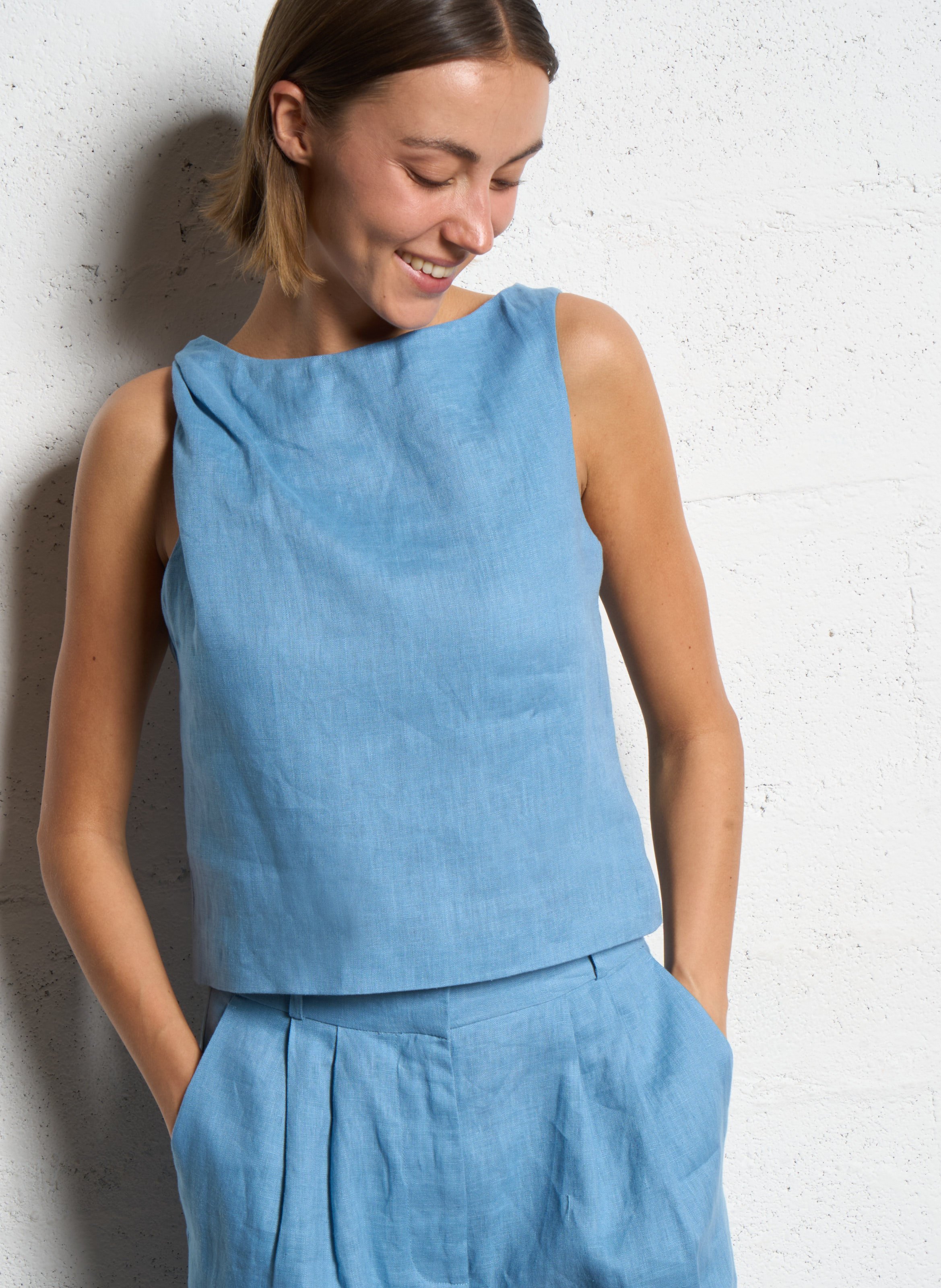 Flared 3/4 sleeve linen top STAUD Blue