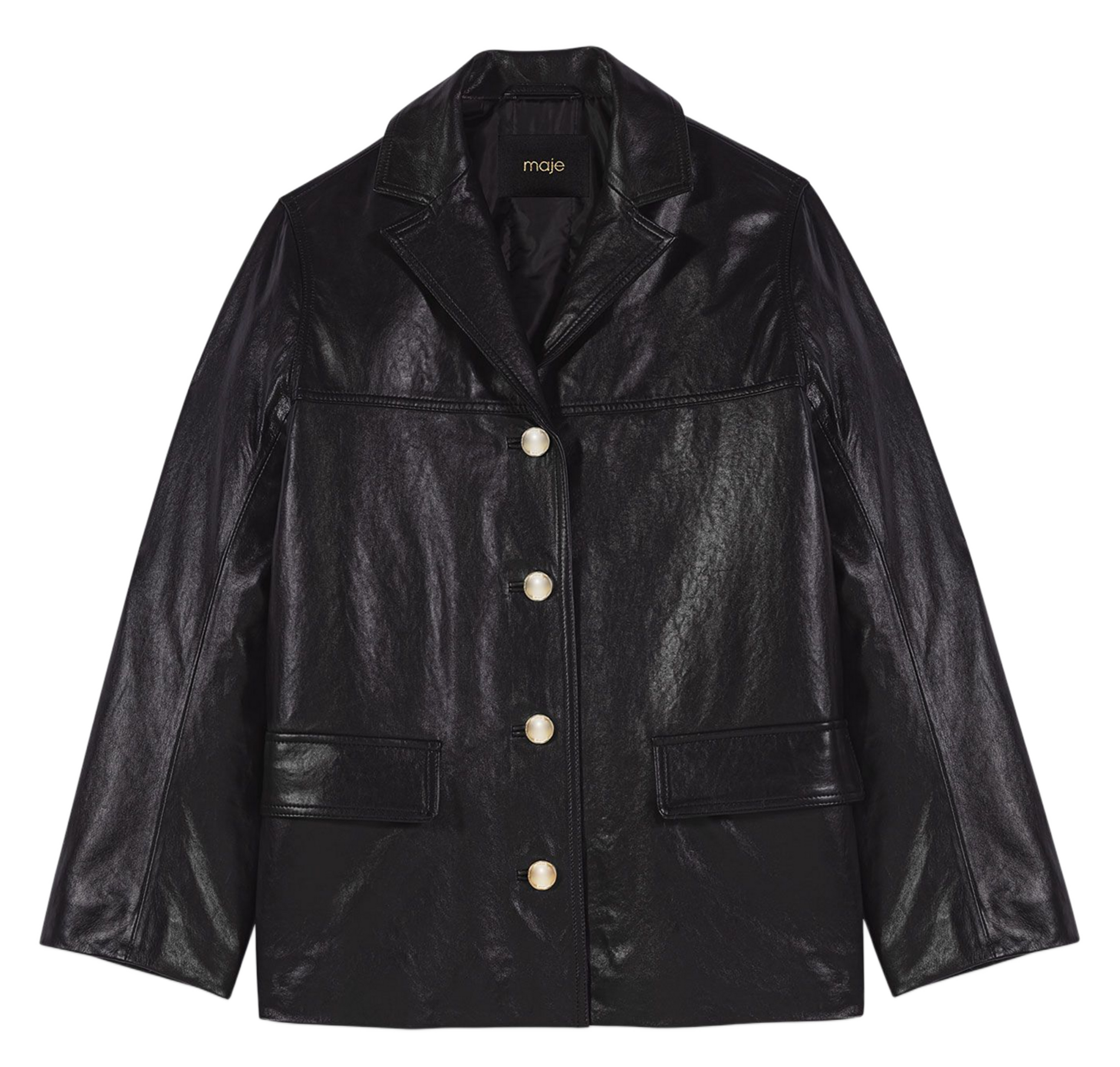 Veste col tailleur en cuir MAJE Noir