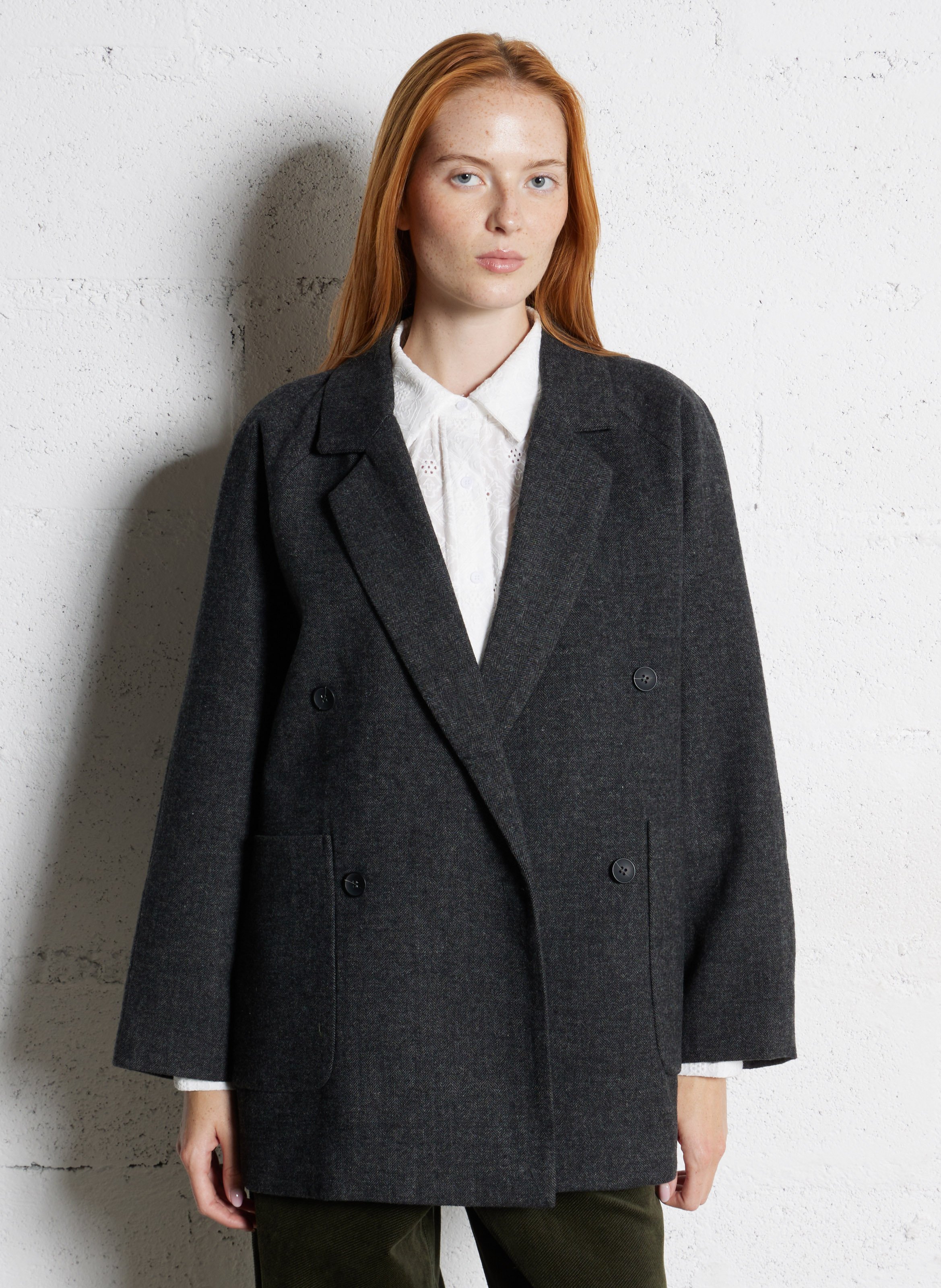 Manteau oversize col tailleur à chevrons SEE U SOON Argent