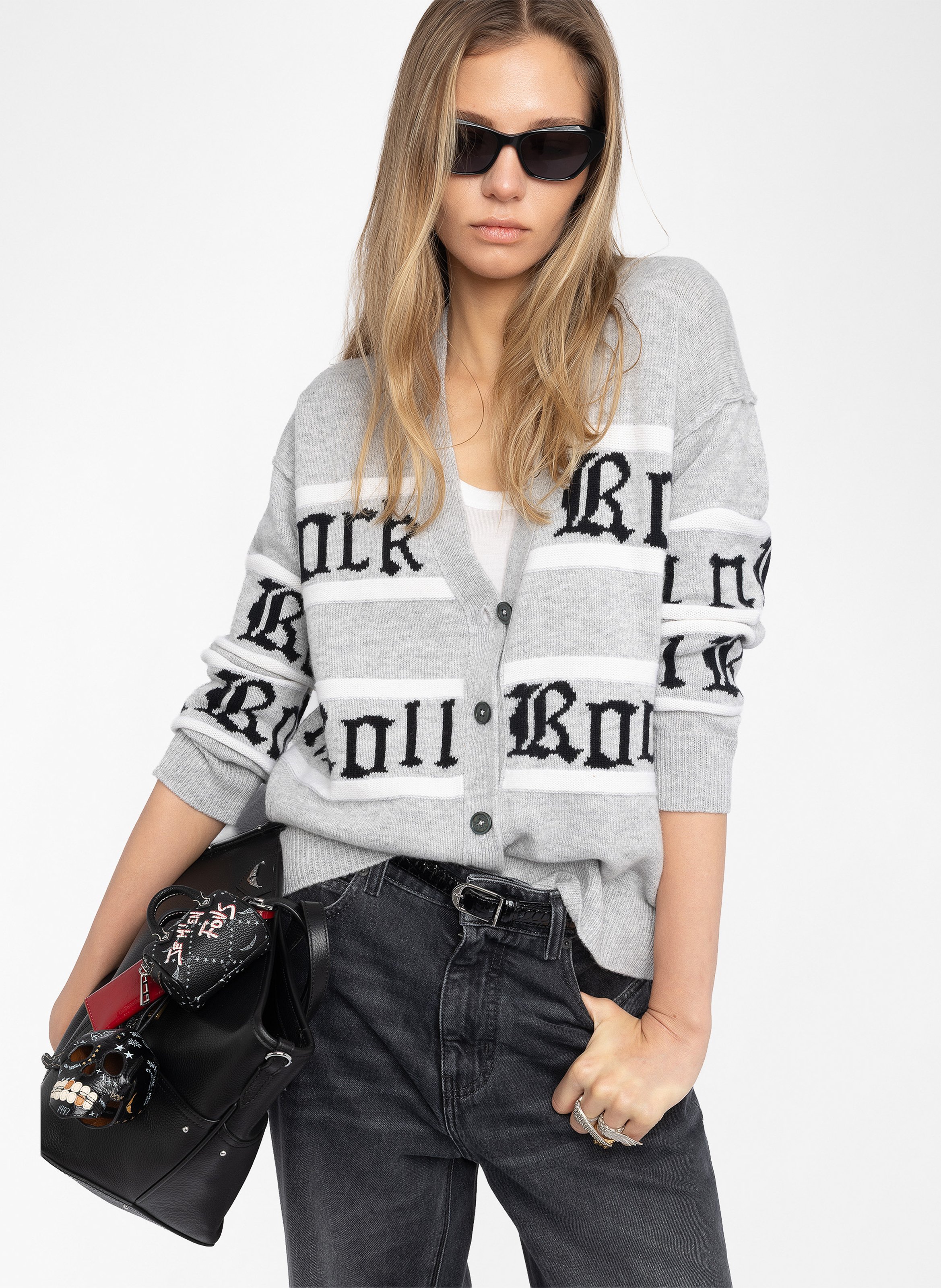 Ruime cardigan met print in wol en kasjmier ZADIG&VOLTAIRE Grijs