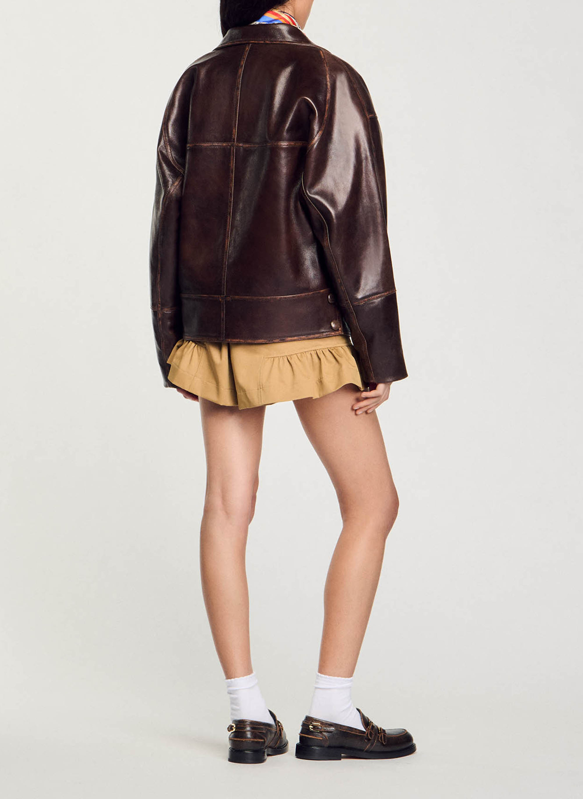 Veste col tailleur en cuir SANDRO Marron