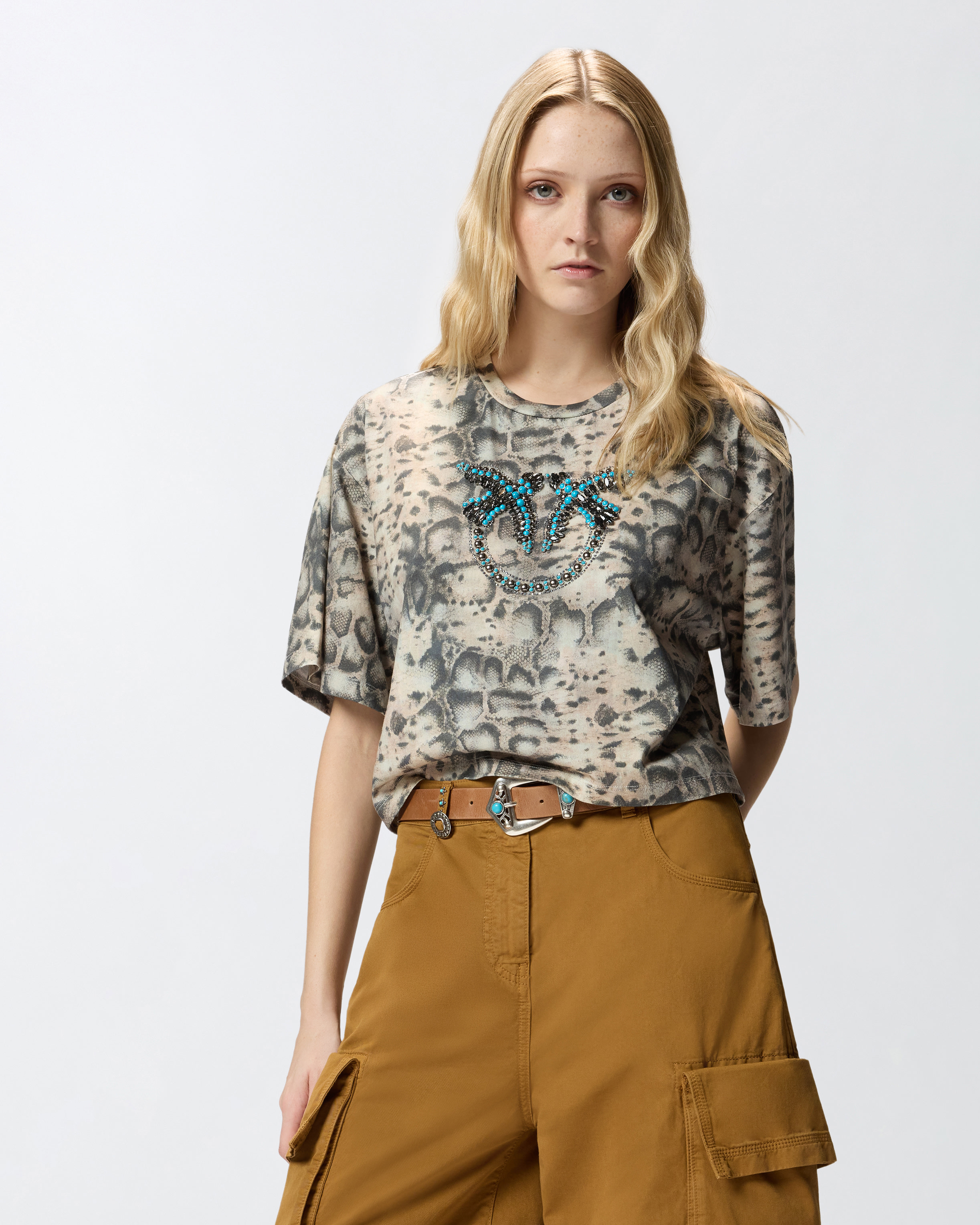 T-shirt cropped à imprimé serpent et love birds PINKO Multicolore