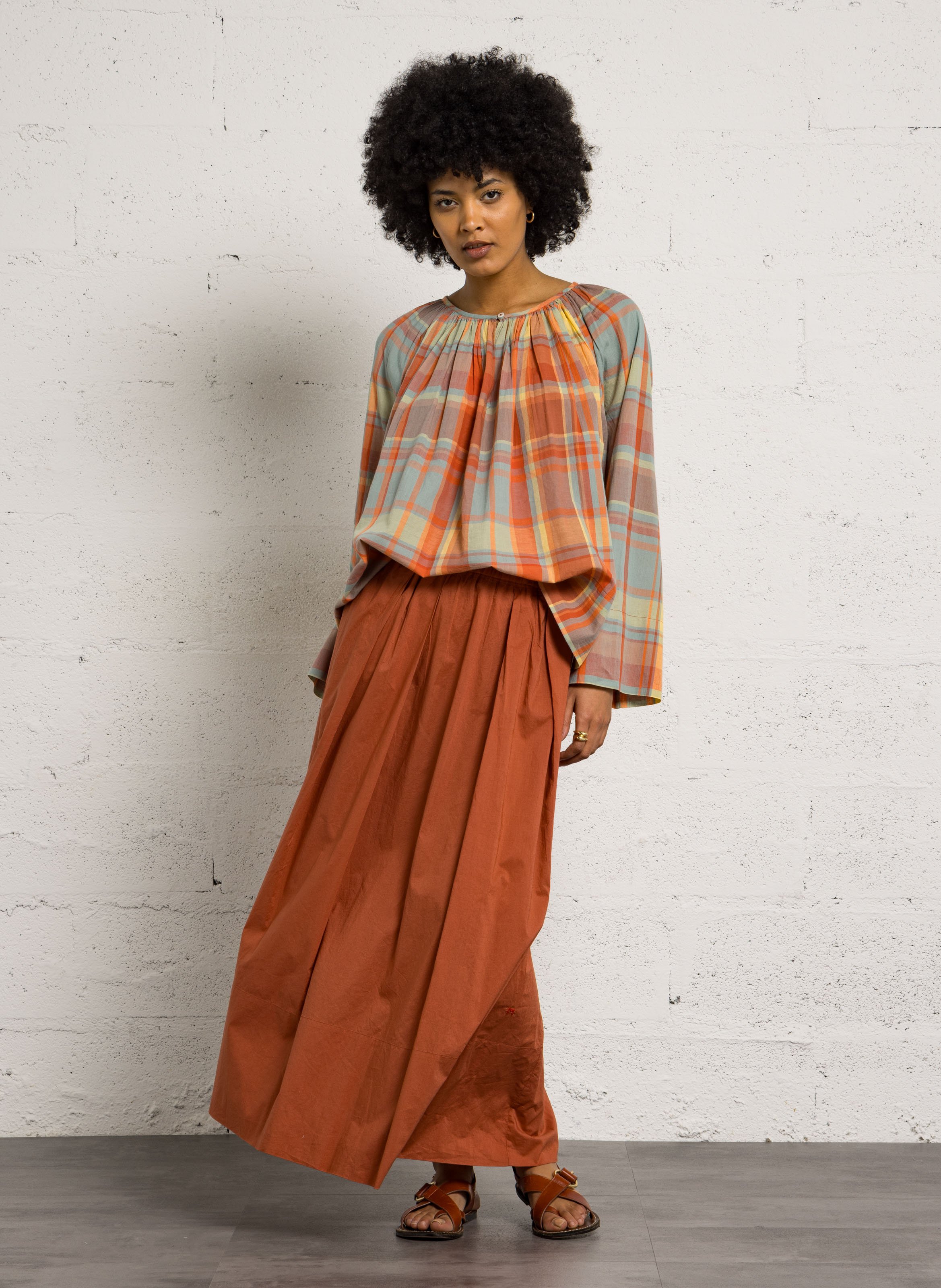 Blouse à carreaux col rond MOISMONT Orange