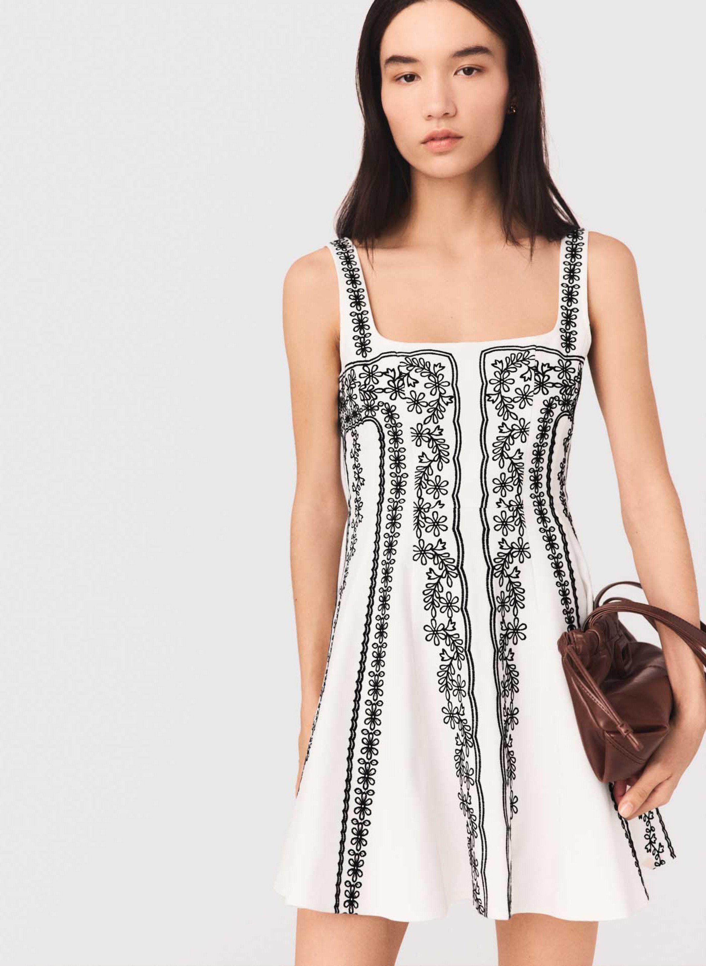 Robe courte en lin mélangé brodé MAJE Beige