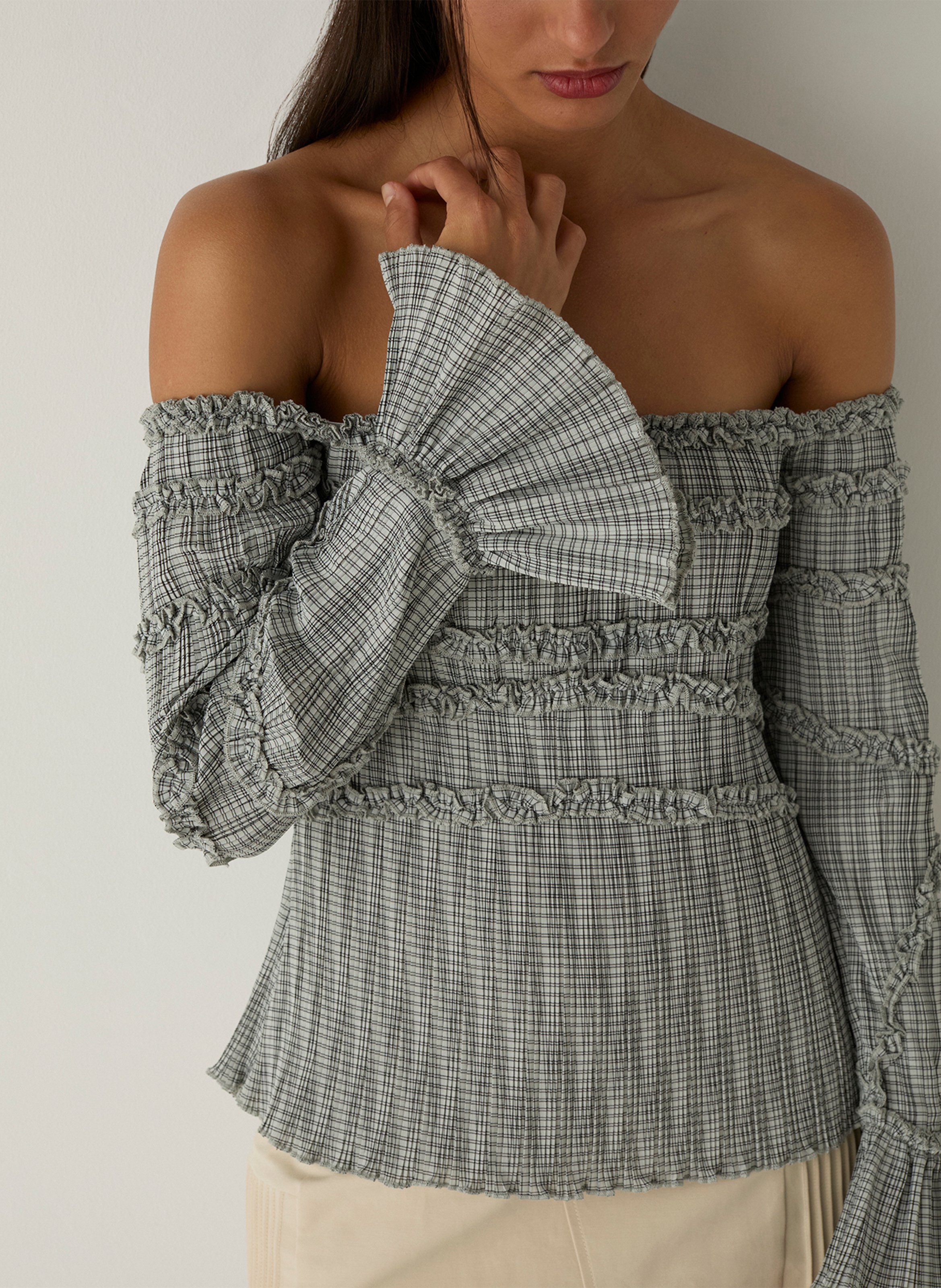 Straight cut off-the-shoulder top with print LAAGAM Grey