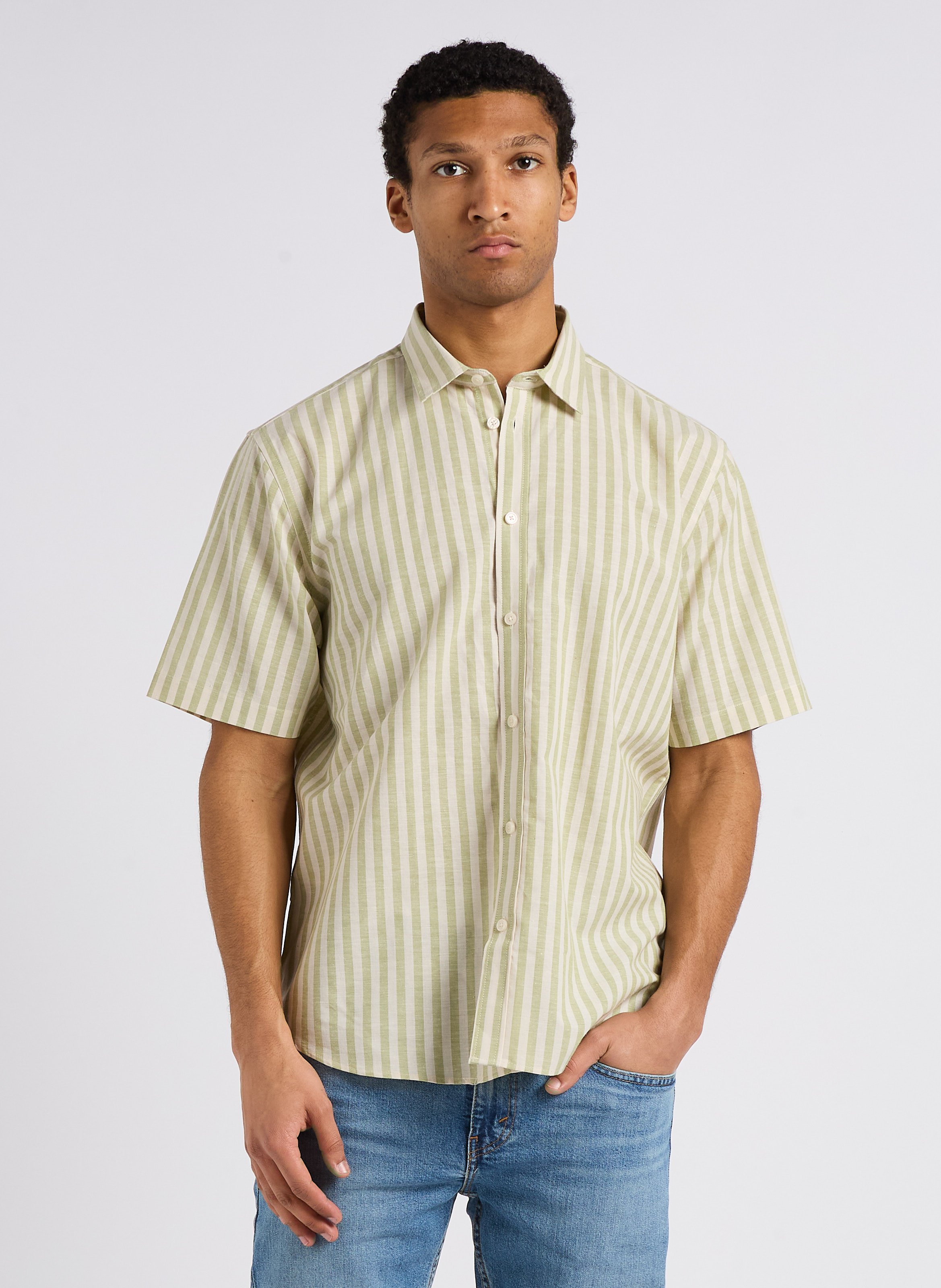 Regular-fit striped organic cotton and linen shirt MINIMUM Khaki