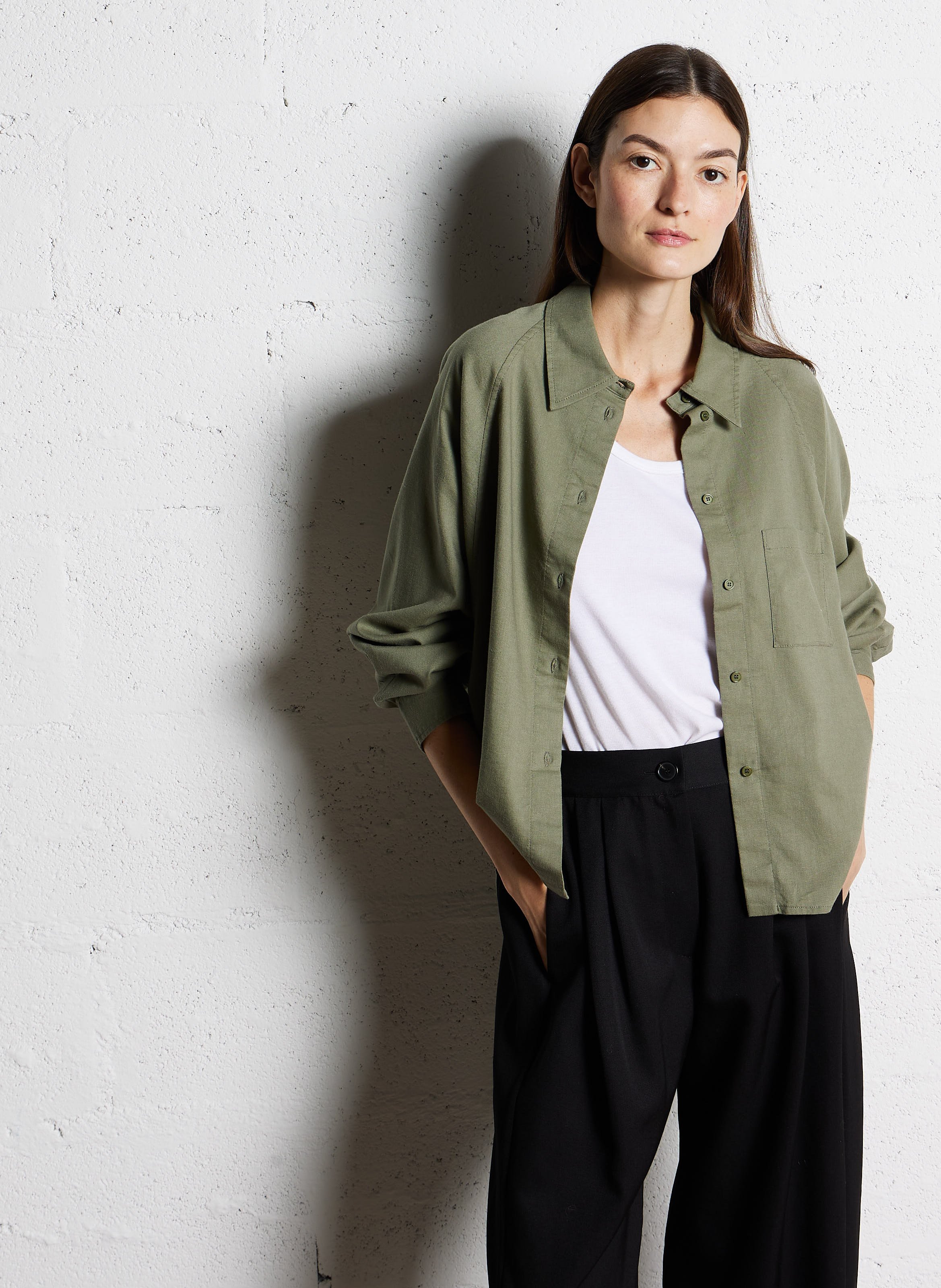 Chemise ample col classique en lin mélangé MASSCOB Kaki