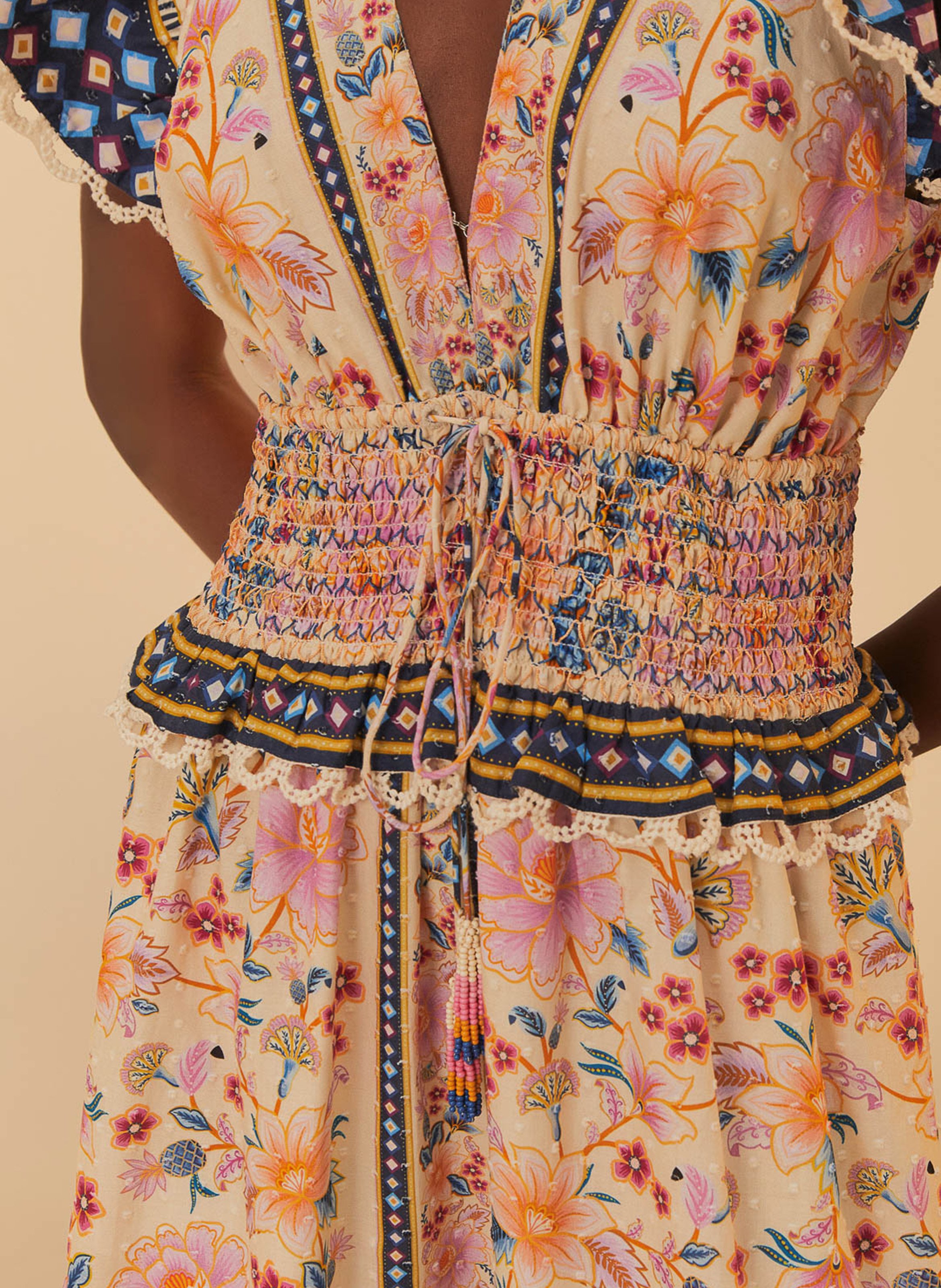 Robe longue cintrée col V à motifs FARM RIO Multicolore