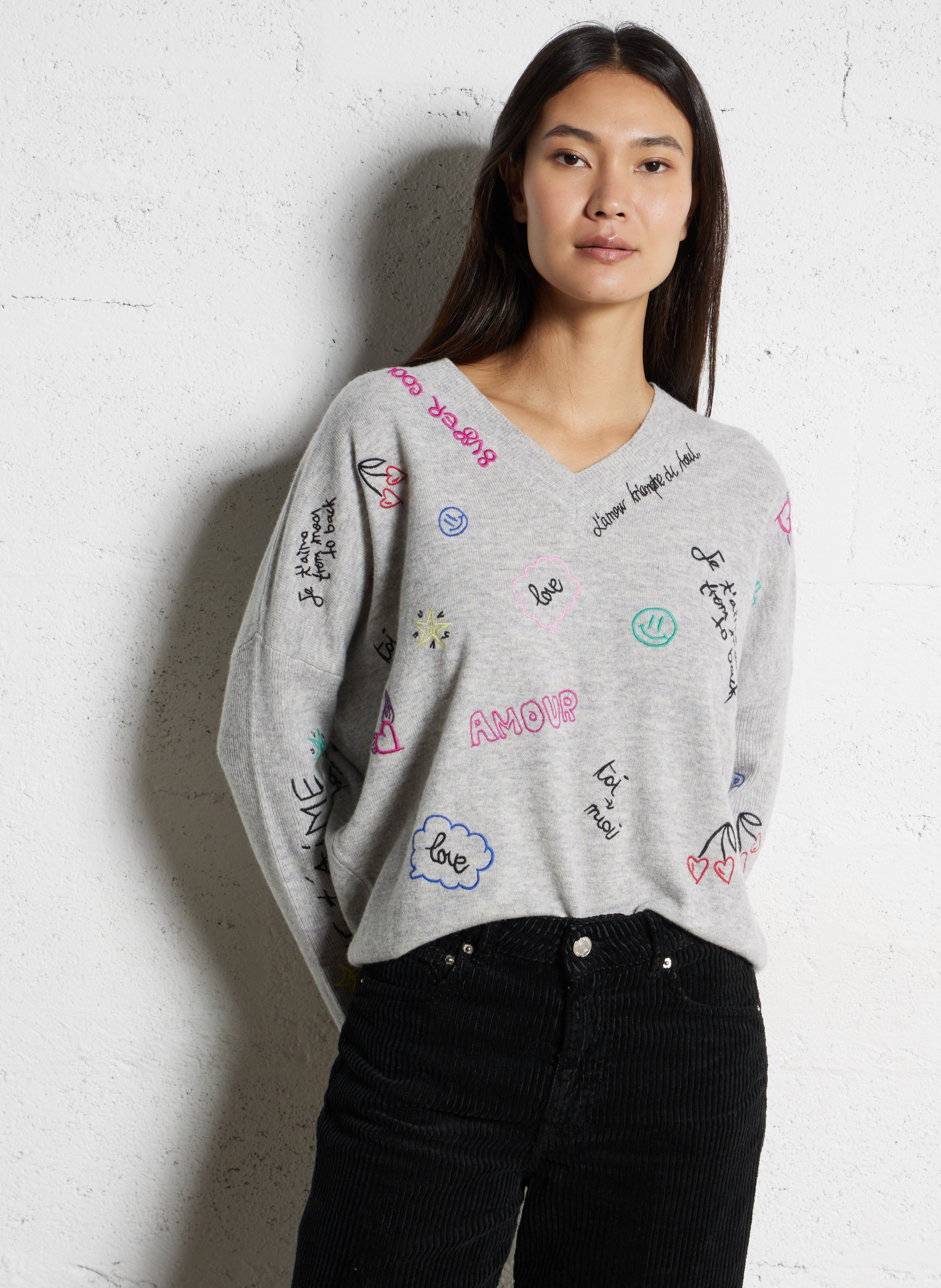 Weites V-Ausschnitt-Pullover mit Merinowolle und Stickerei BERENICE Grau