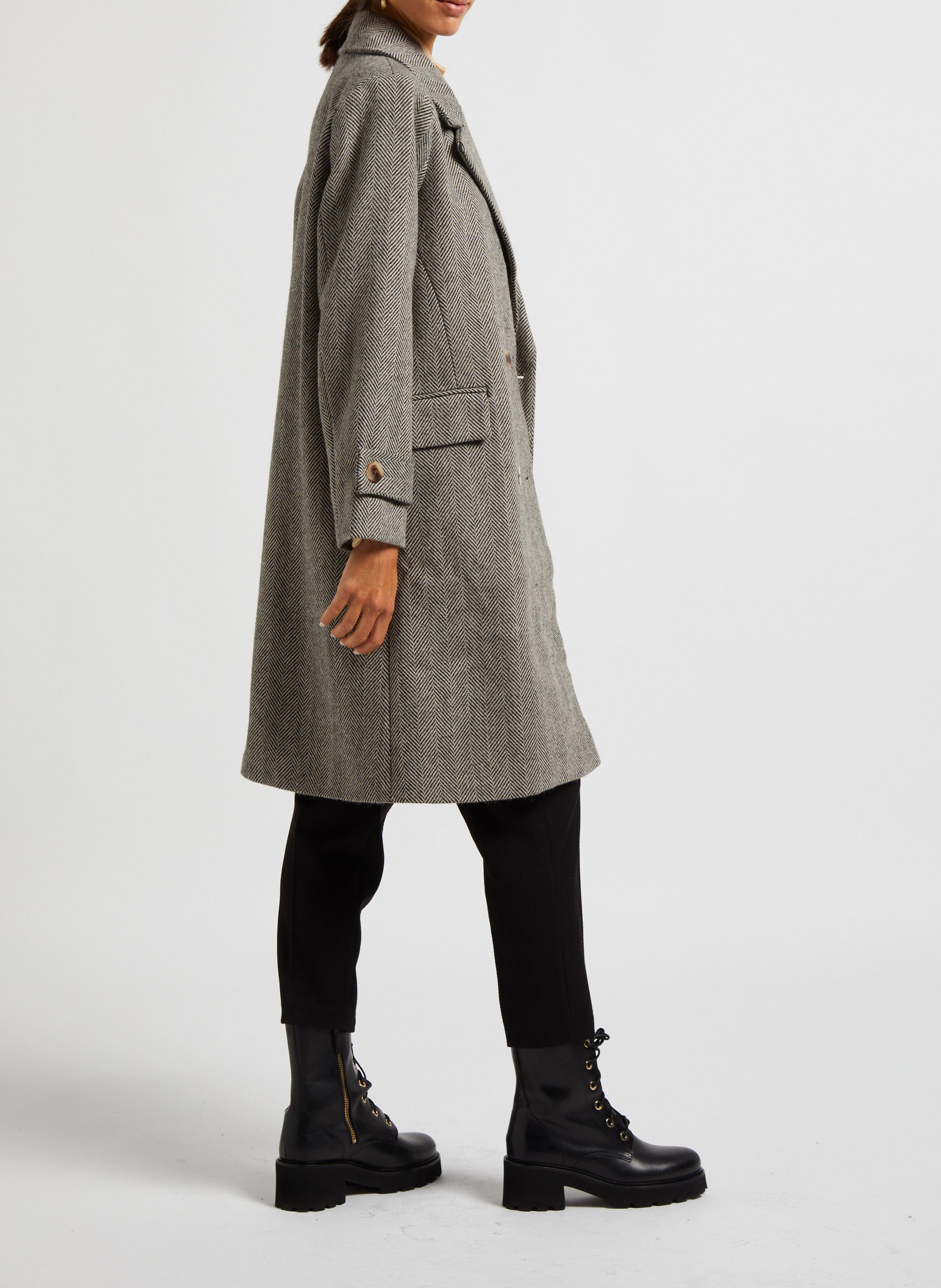 Manteau long col tailleur à imprimé chevron VILA Beige