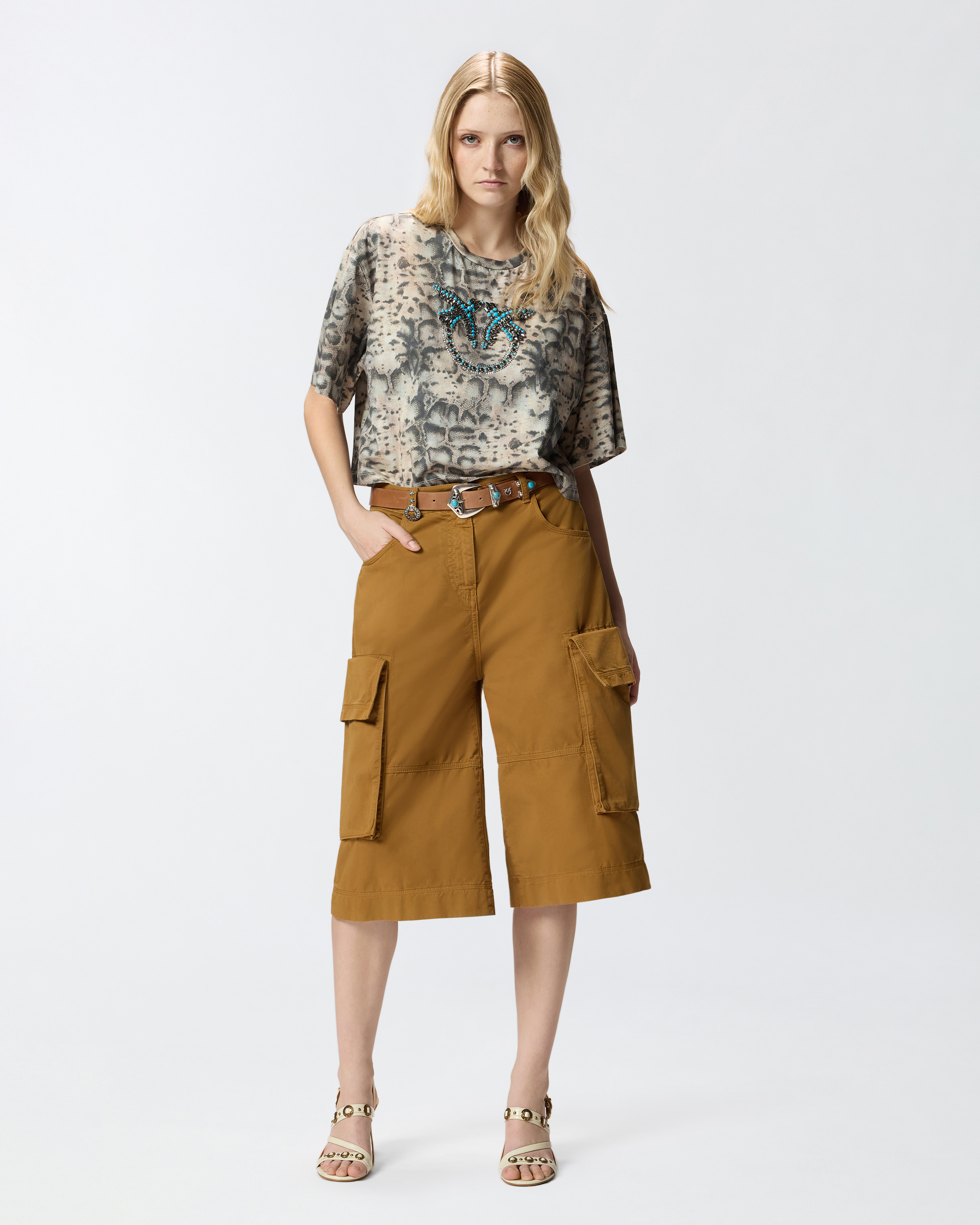 T-shirt cropped à imprimé serpent et love birds PINKO Multicolore