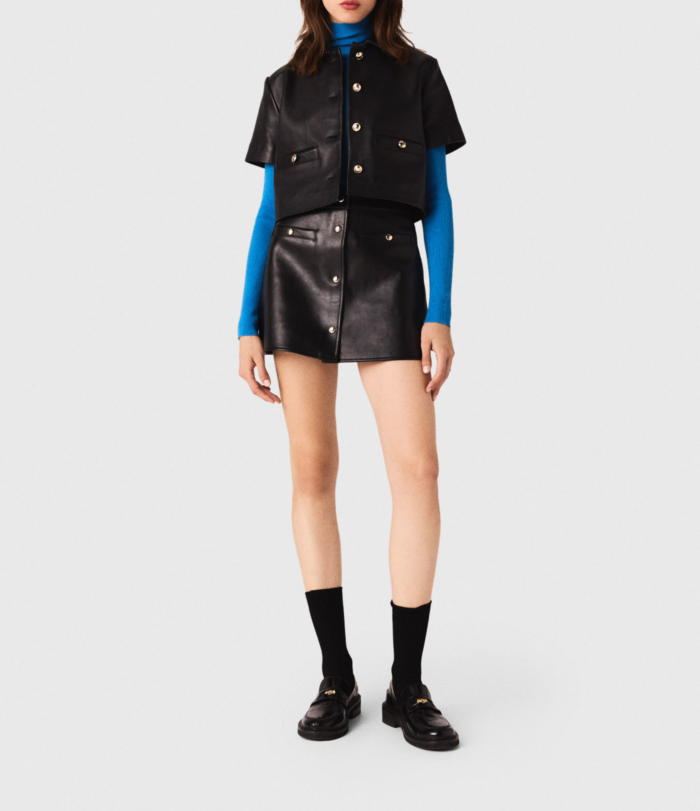 Veste droite en cuir MAJE Noir