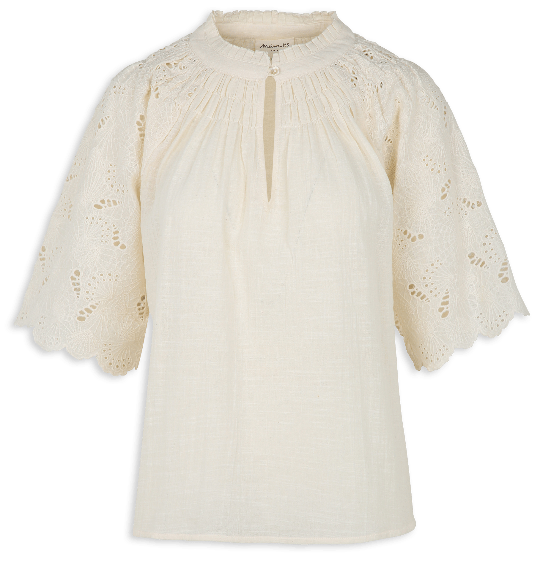 Straight high-neck embroidered cotton blouse MAISON 123 Beige