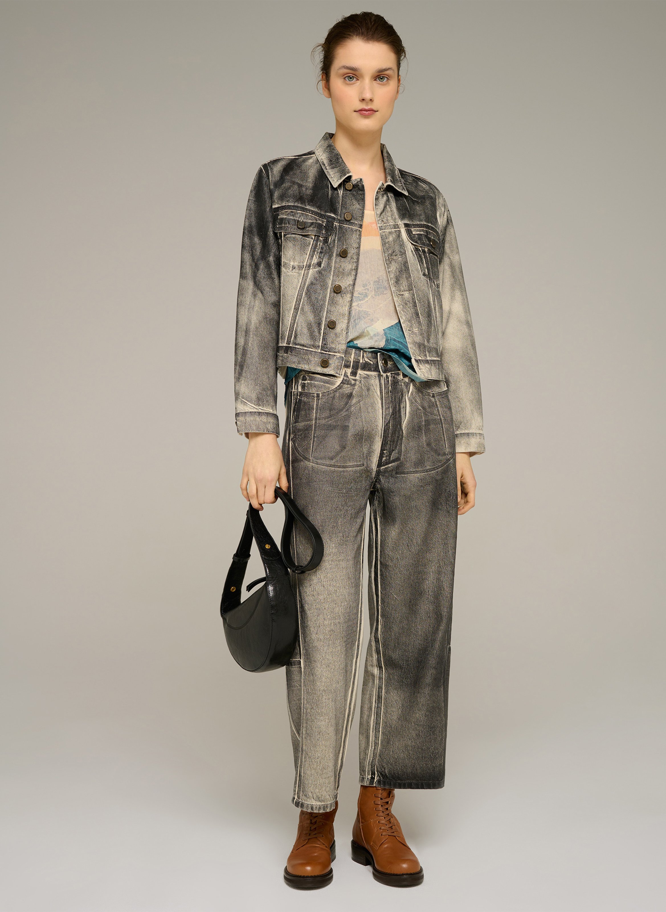 Straight jacket with a classic collar in cotton-blend denim-look fabric COTELAC ACOTE Black