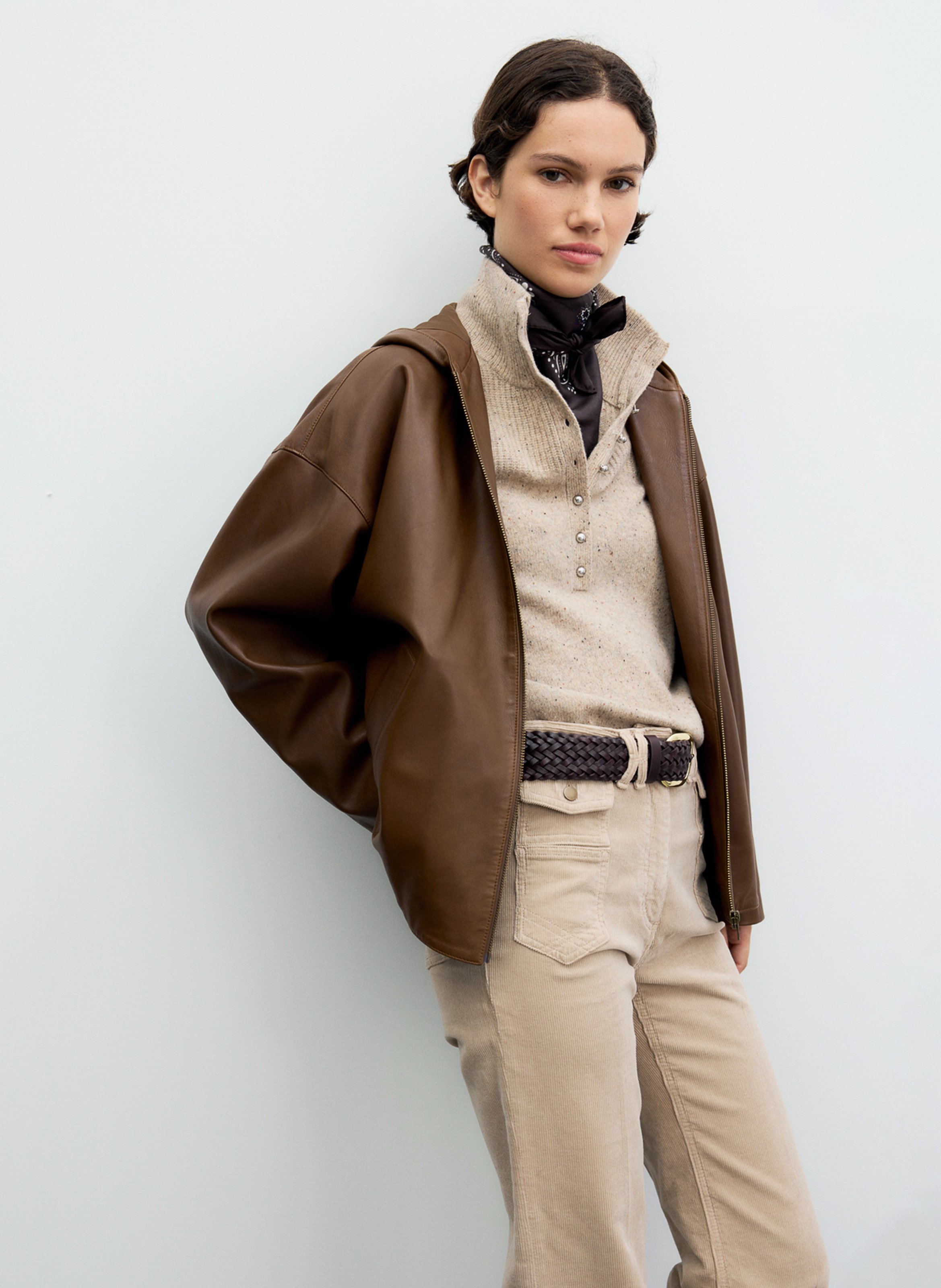 Chaqueta amplia con capucha de cuero GERARD DAREL Marron