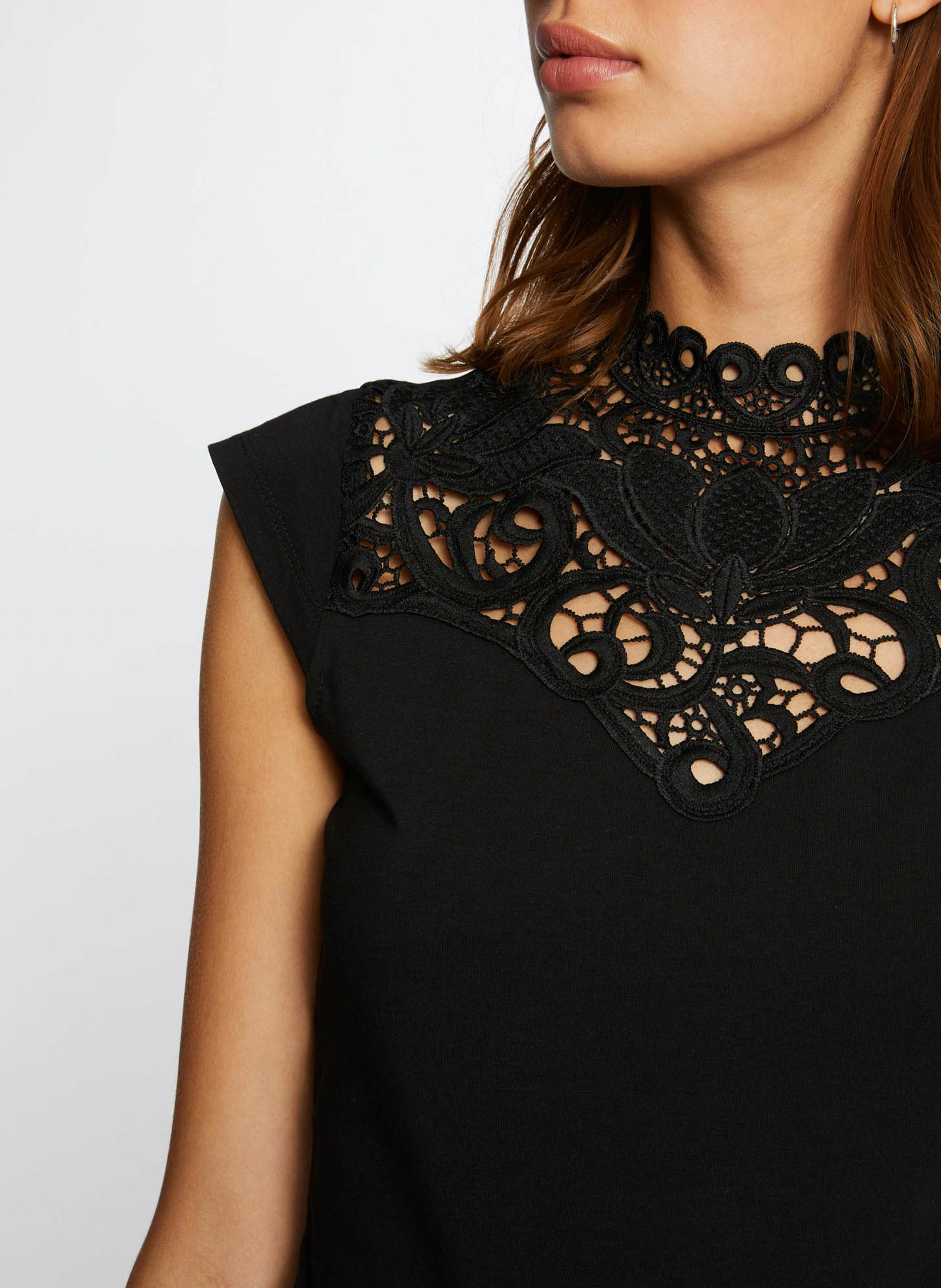 High-neck cotton-blend sleeved T-shirt MORGAN Black