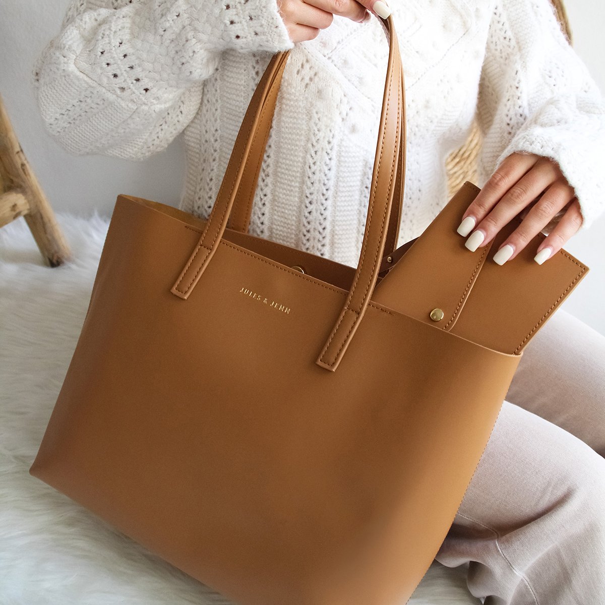Smooth leather tote bag JULES & JENN Brown