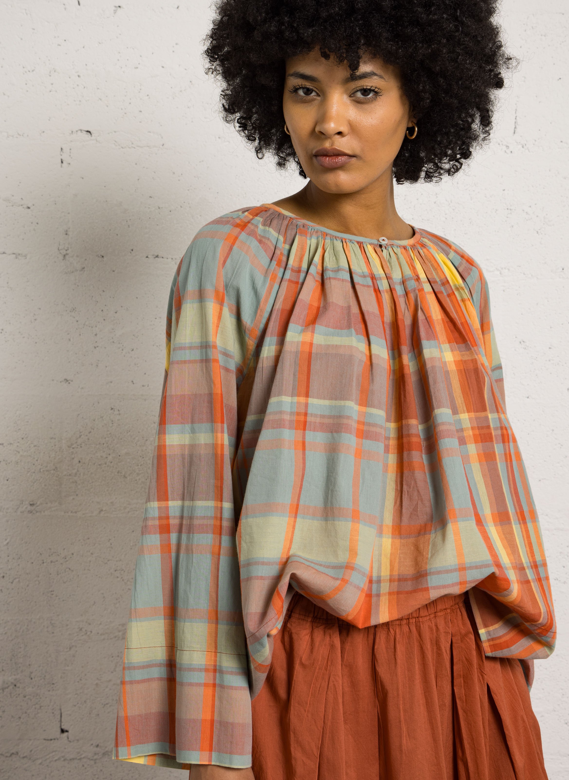 Blouse à carreaux col rond MOISMONT Orange