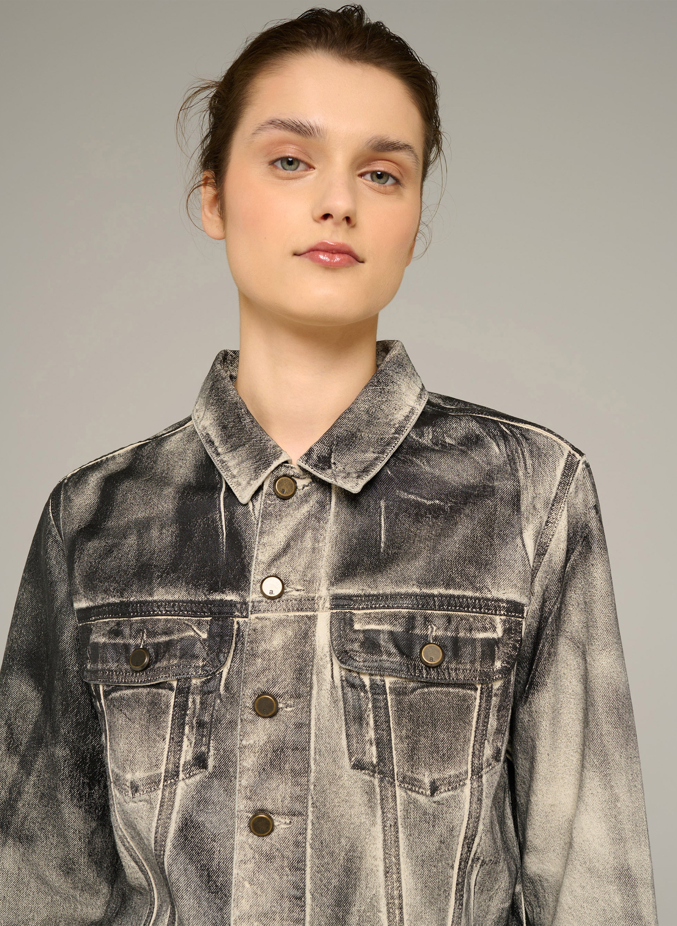 Straight jacket with a classic collar in cotton-blend denim-look fabric COTELAC ACOTE Black
