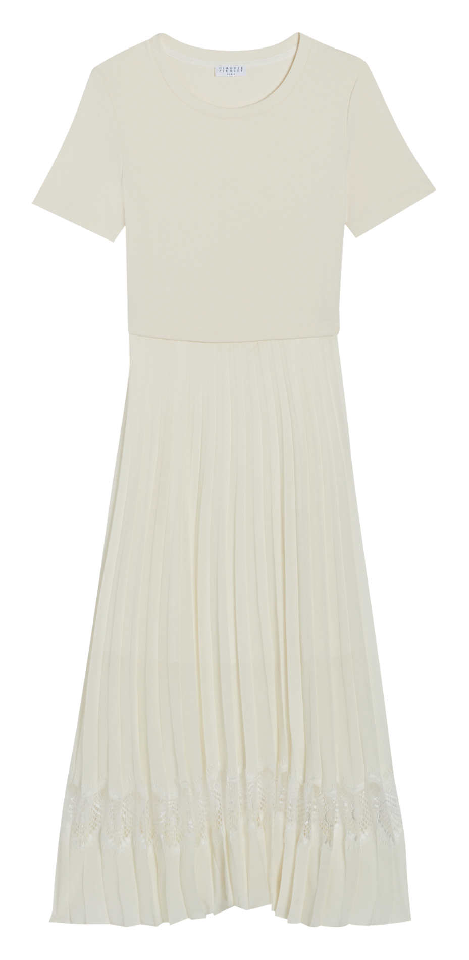 Robe midi col rond bi-matière plissée en coton  CLAUDIE PIERLOT Blanc
