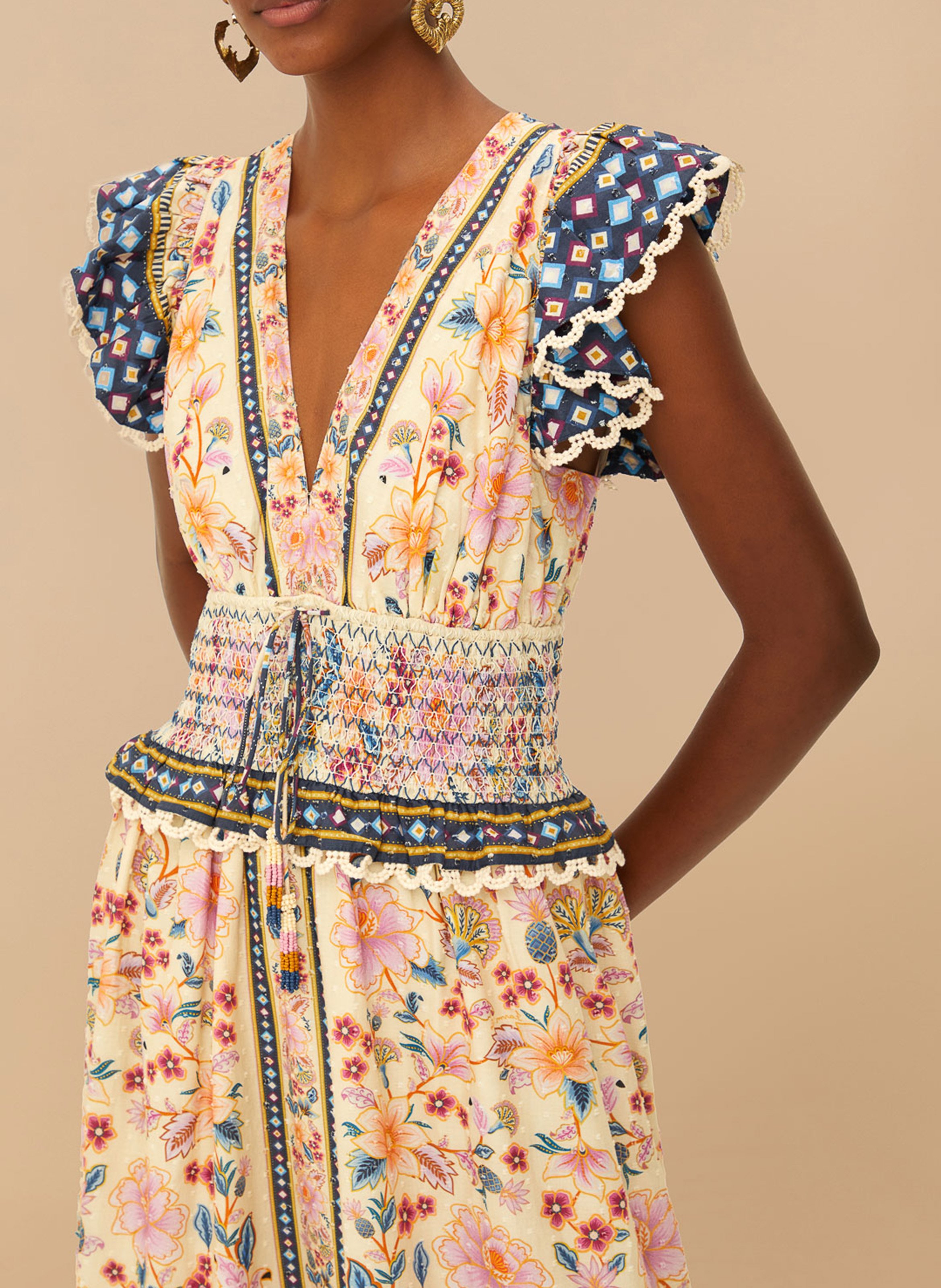 Robe longue cintrée col V à motifs FARM RIO Multicolore
